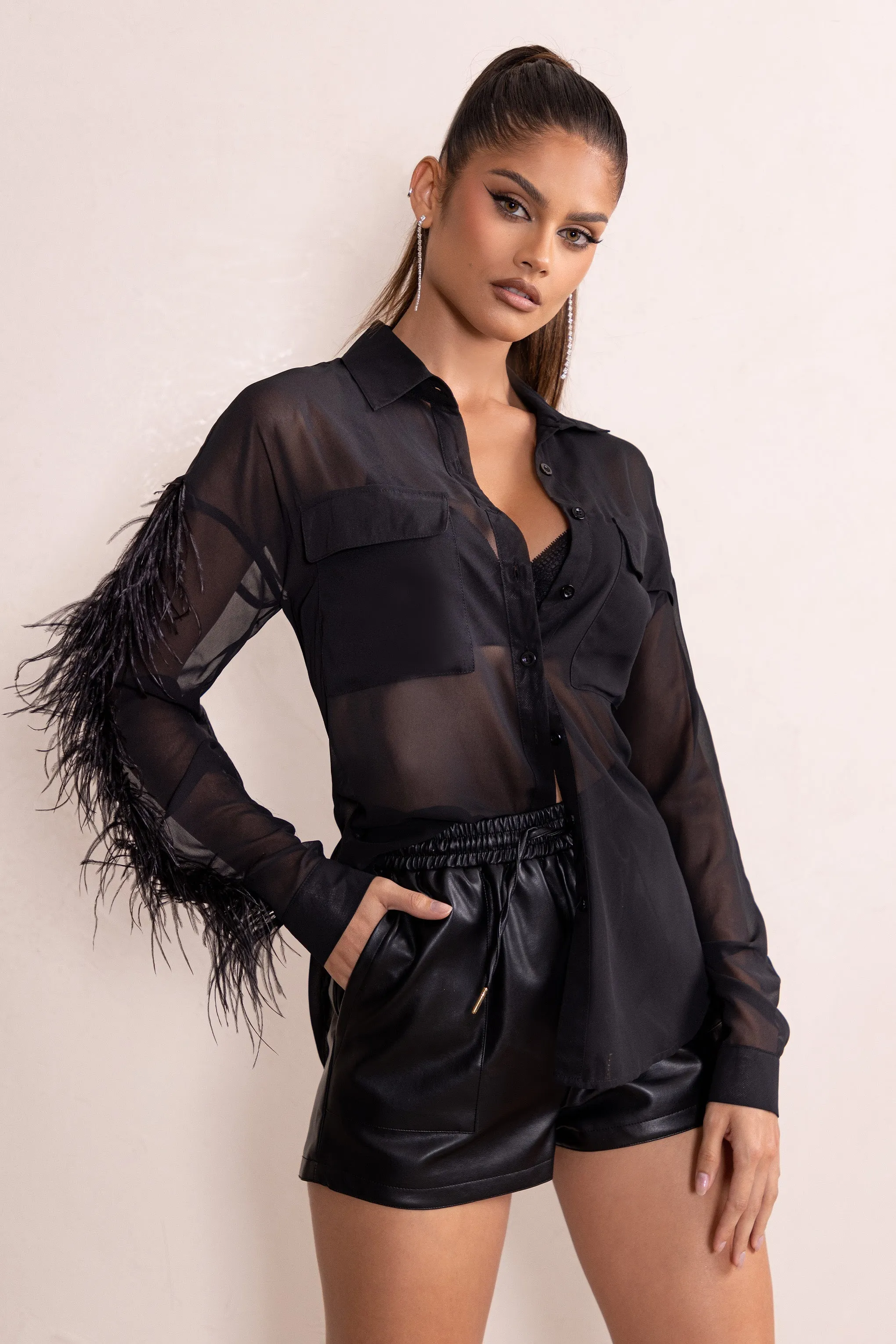 Loosen Up | Black Plunge Neck Utility Pockets Shirt With Feather Trim