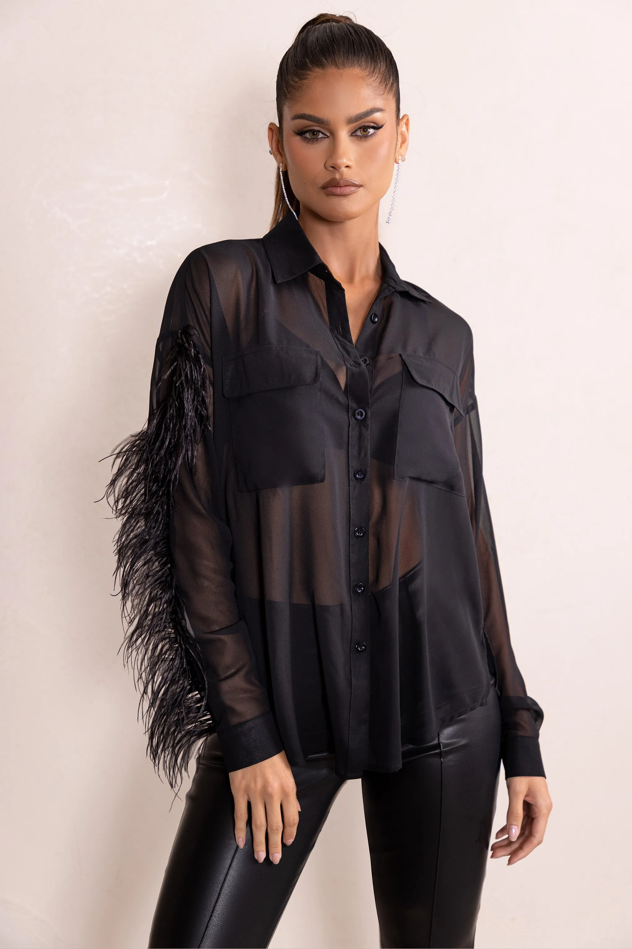 Loosen Up | Black Plunge Neck Utility Pockets Shirt With Feather Trim