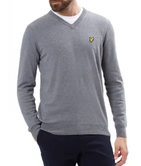 Lyle & Scott V Neck Cotton Merino Wool Jumper Mid Grey Marl