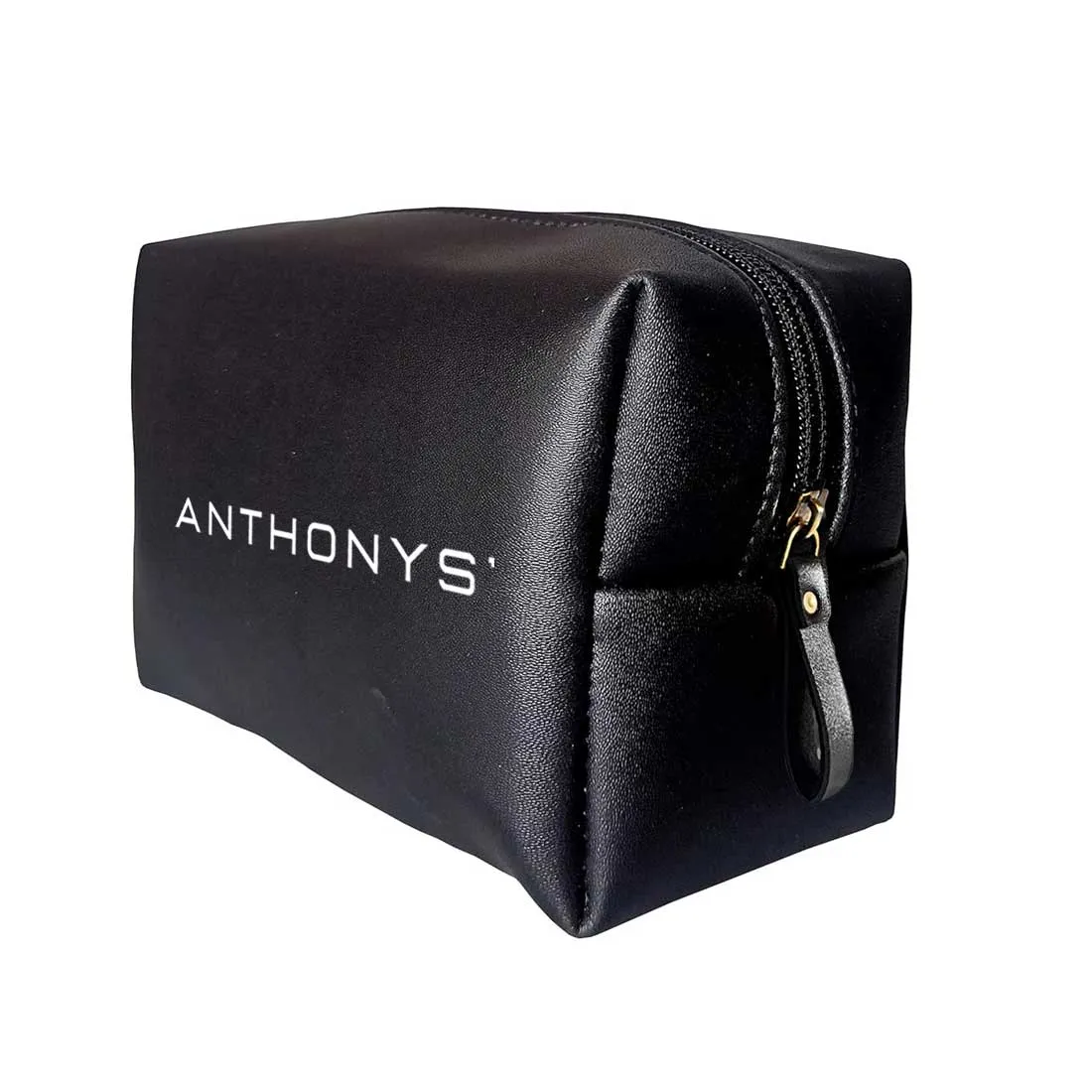 Male Toiletries Bag with Name - Faux Leather Black Travel Pouch