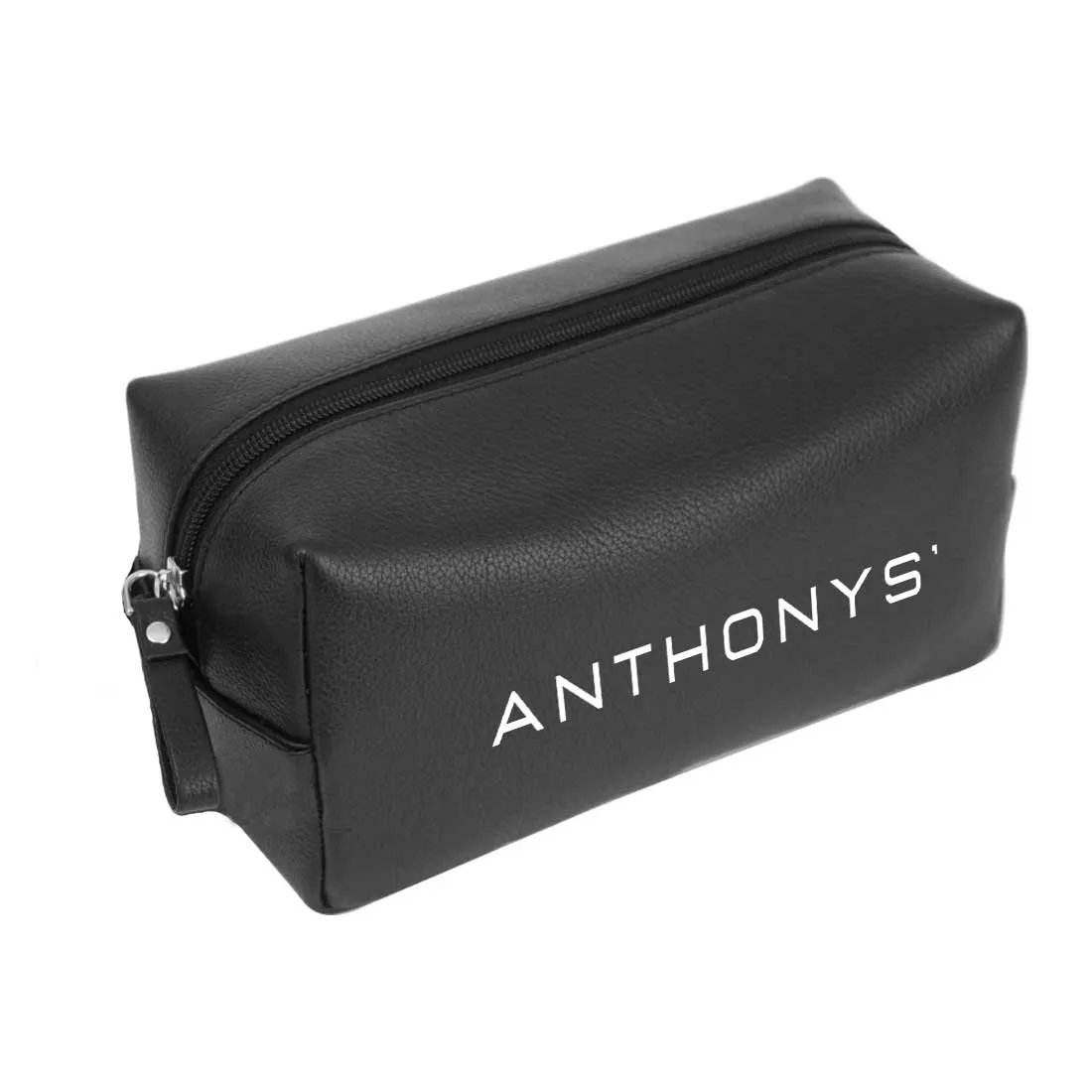 Male Toiletries Bag with Name - Faux Leather Black Travel Pouch