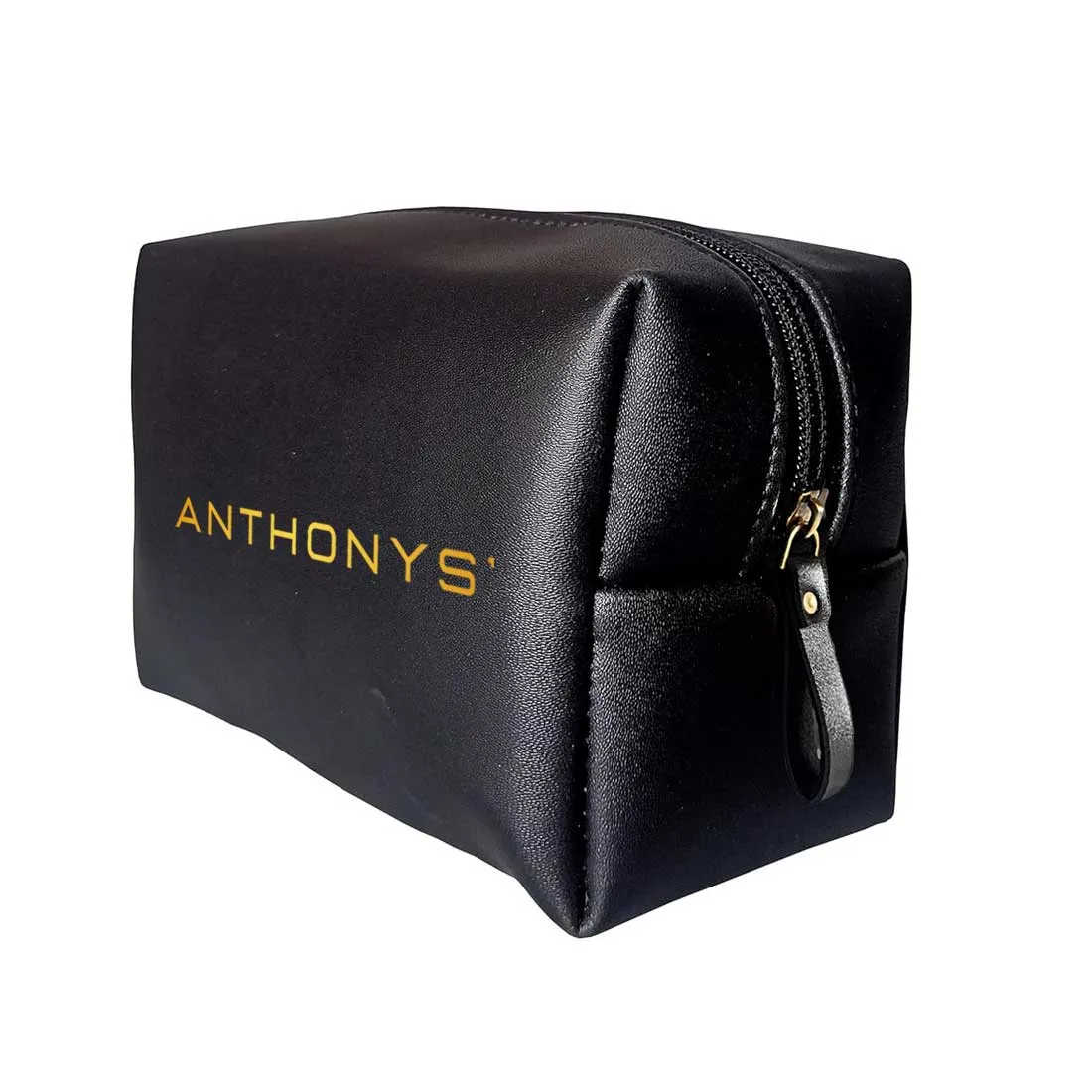 Male Toiletries Bag with Name - Faux Leather Black Travel Pouch