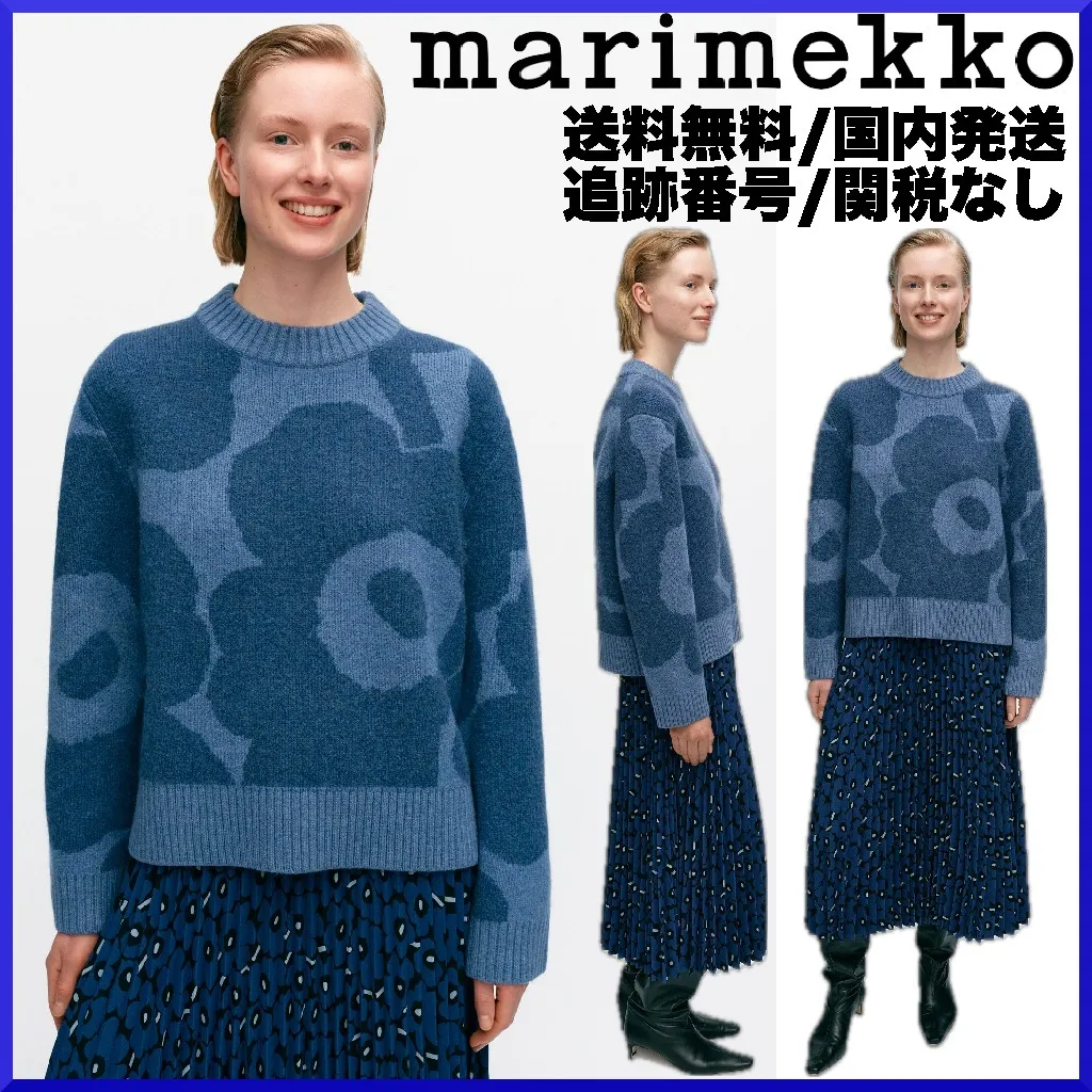 marimekko  |Crew Neck Flower Patterns Casual Style Wool Rib Long Sleeves