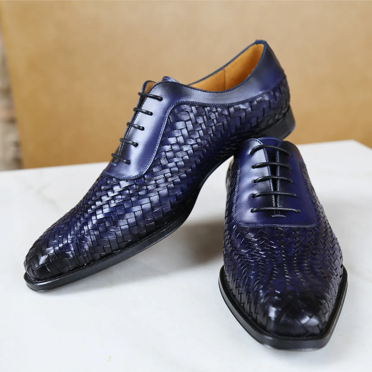 Mezlan S20702 Men's Shoes Blue Woven Leather Dress/ Formal Laceup Oxfords (MZS3617)