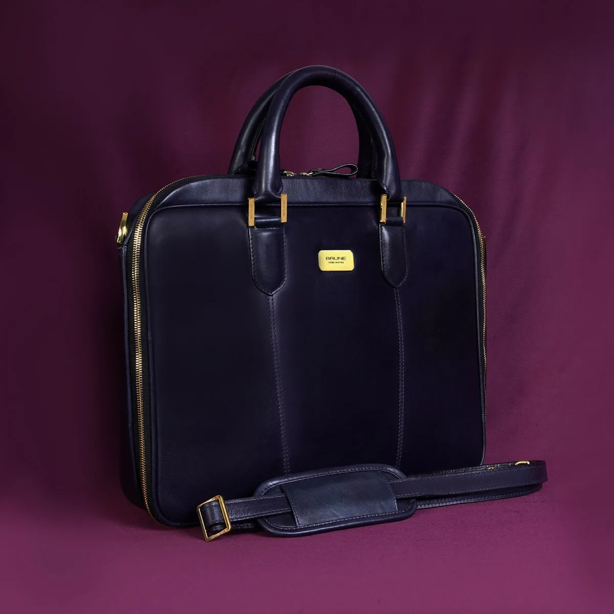 Navy Blue Office Briefcase with Padded Laptop Sleeve in Genuine Leather