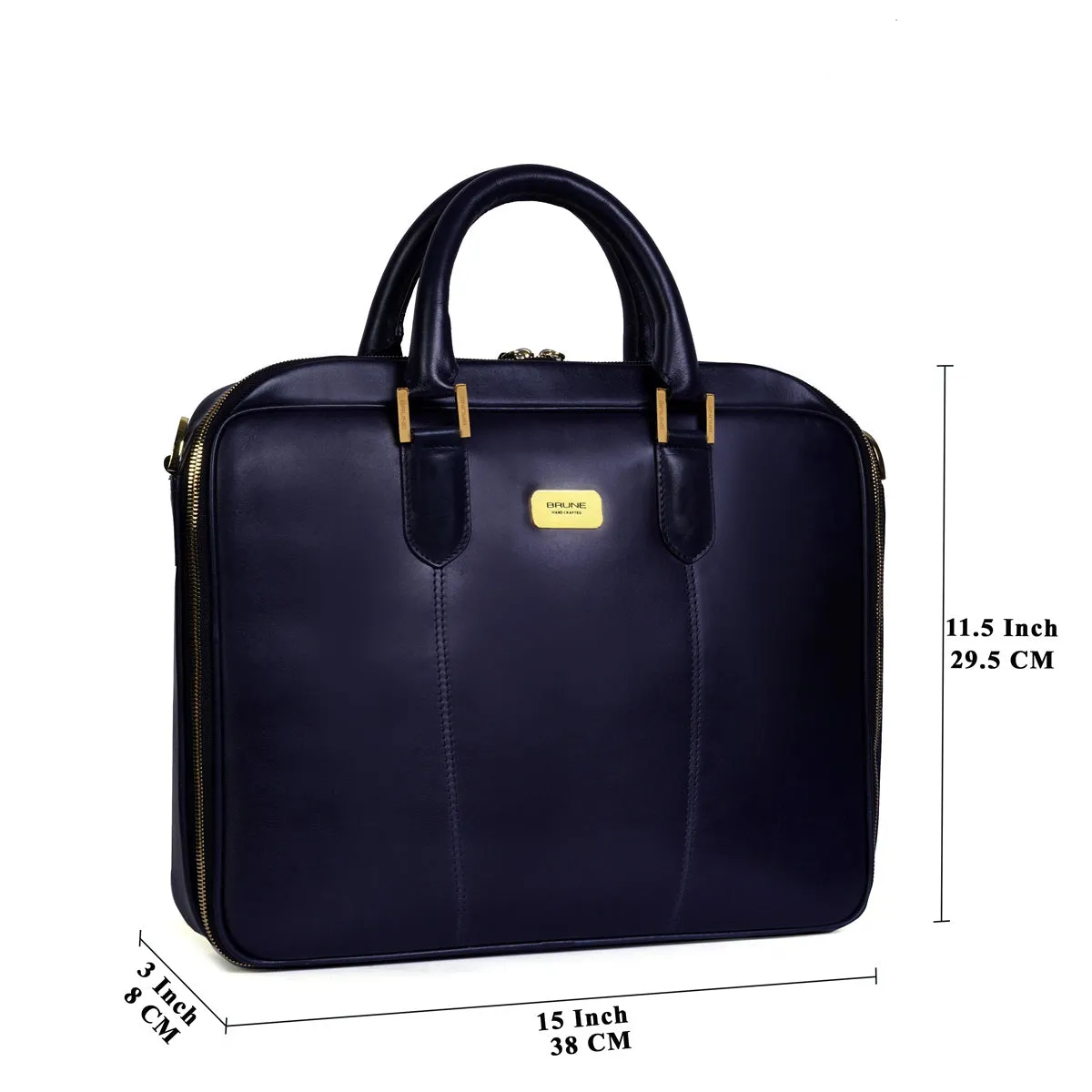 Navy Blue Office Briefcase with Padded Laptop Sleeve in Genuine Leather