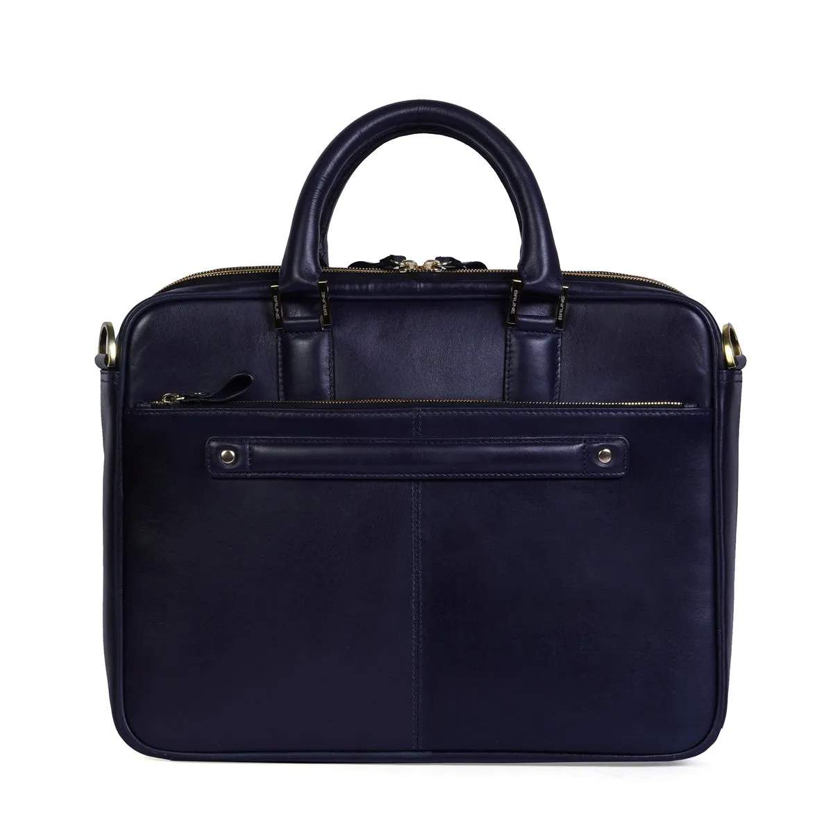 Navy Blue Office Briefcase with Padded Laptop Sleeve in Genuine Leather