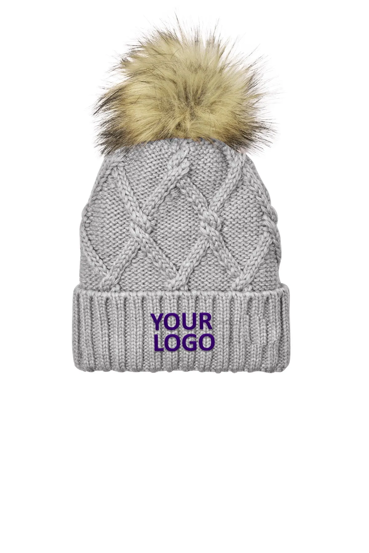 New Era Faux Fur Pom Beanies, Heather Grey