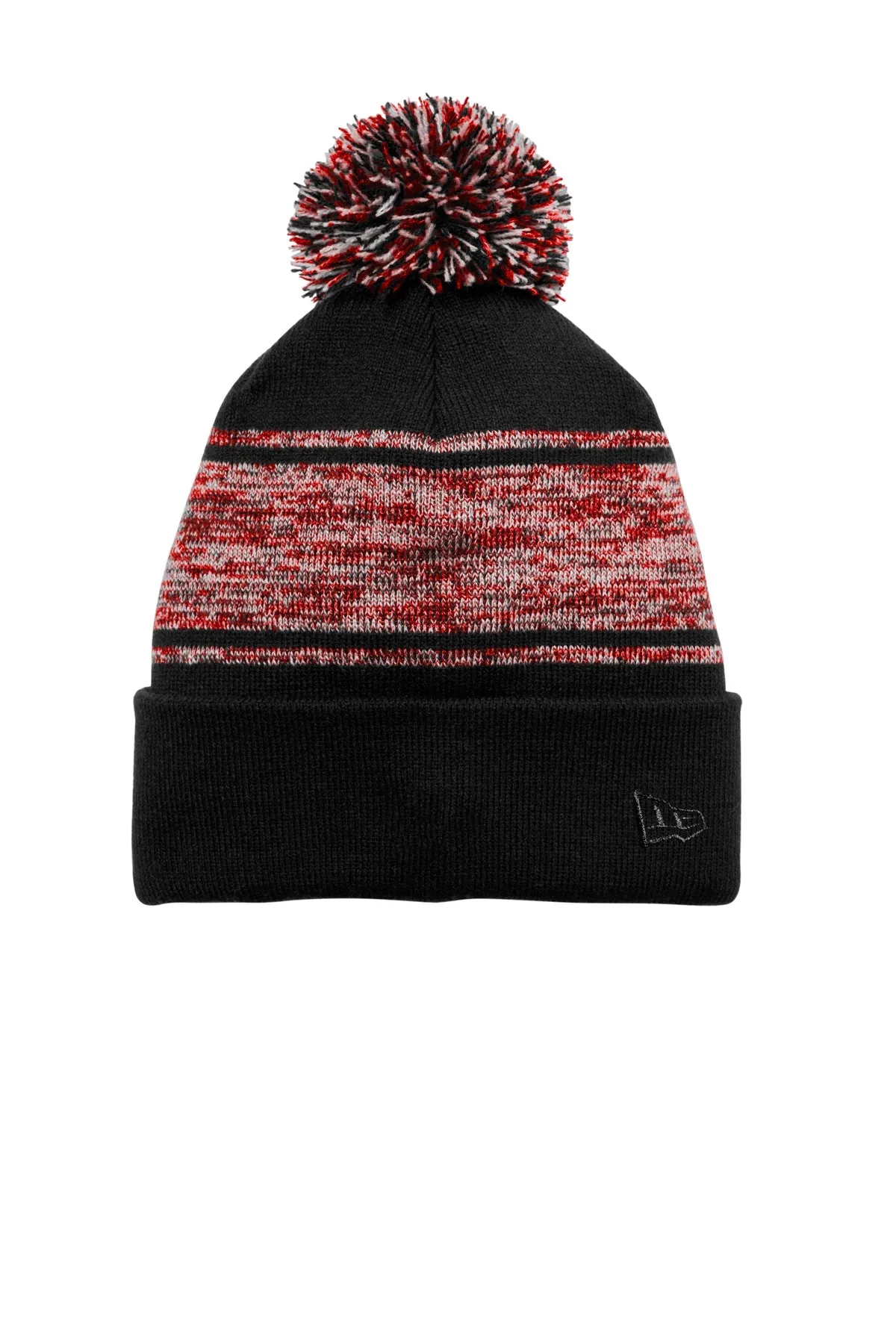 New Era Knit Chilled Pom Beanies, Black/ Scarlet