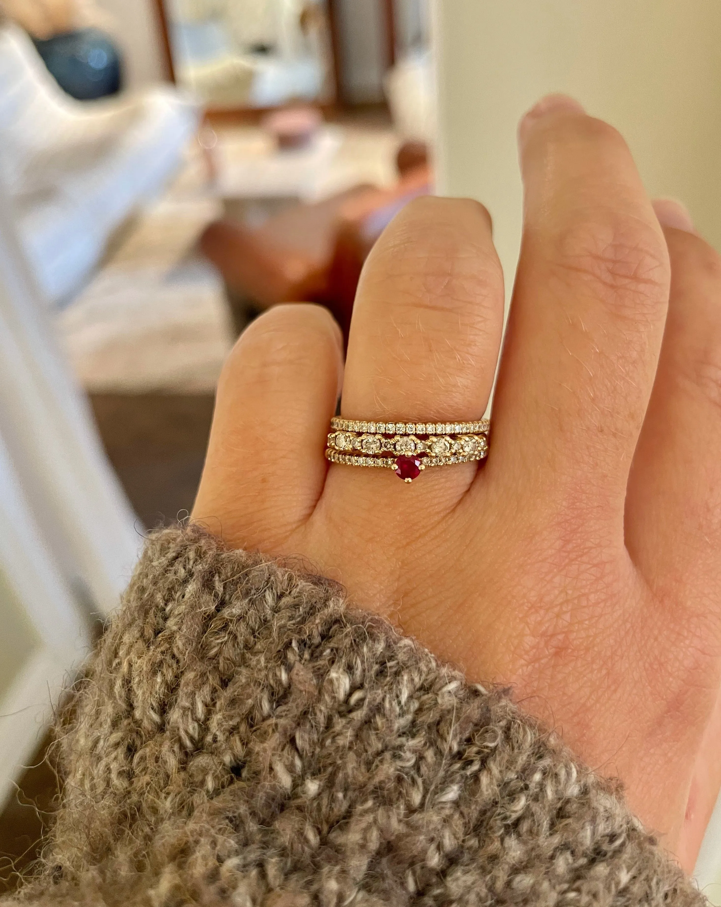 Not So Tiny Sparkle Ring with Red Ruby and Champagne Diamonds