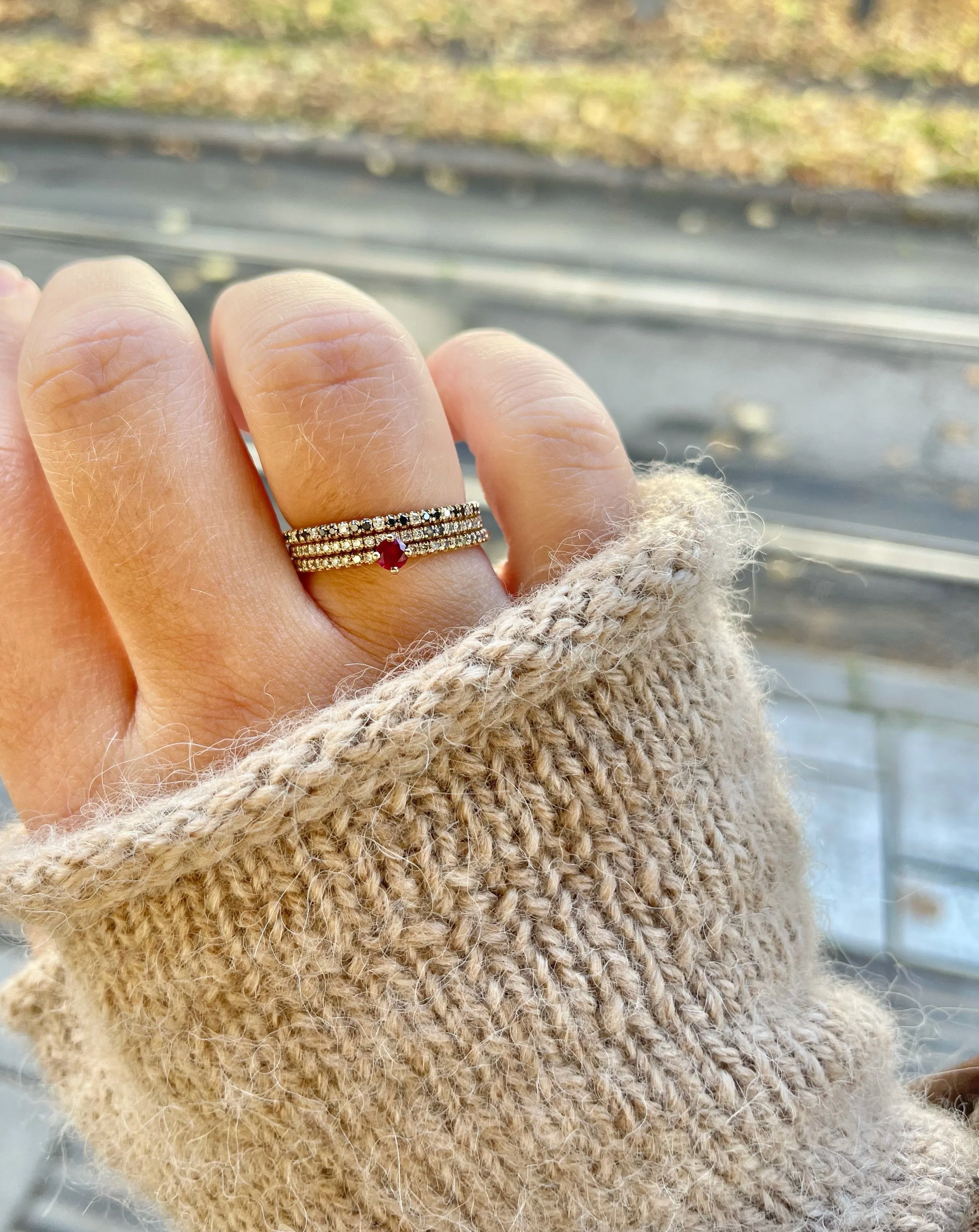 Not So Tiny Sparkle Ring with Red Ruby and Champagne Diamonds