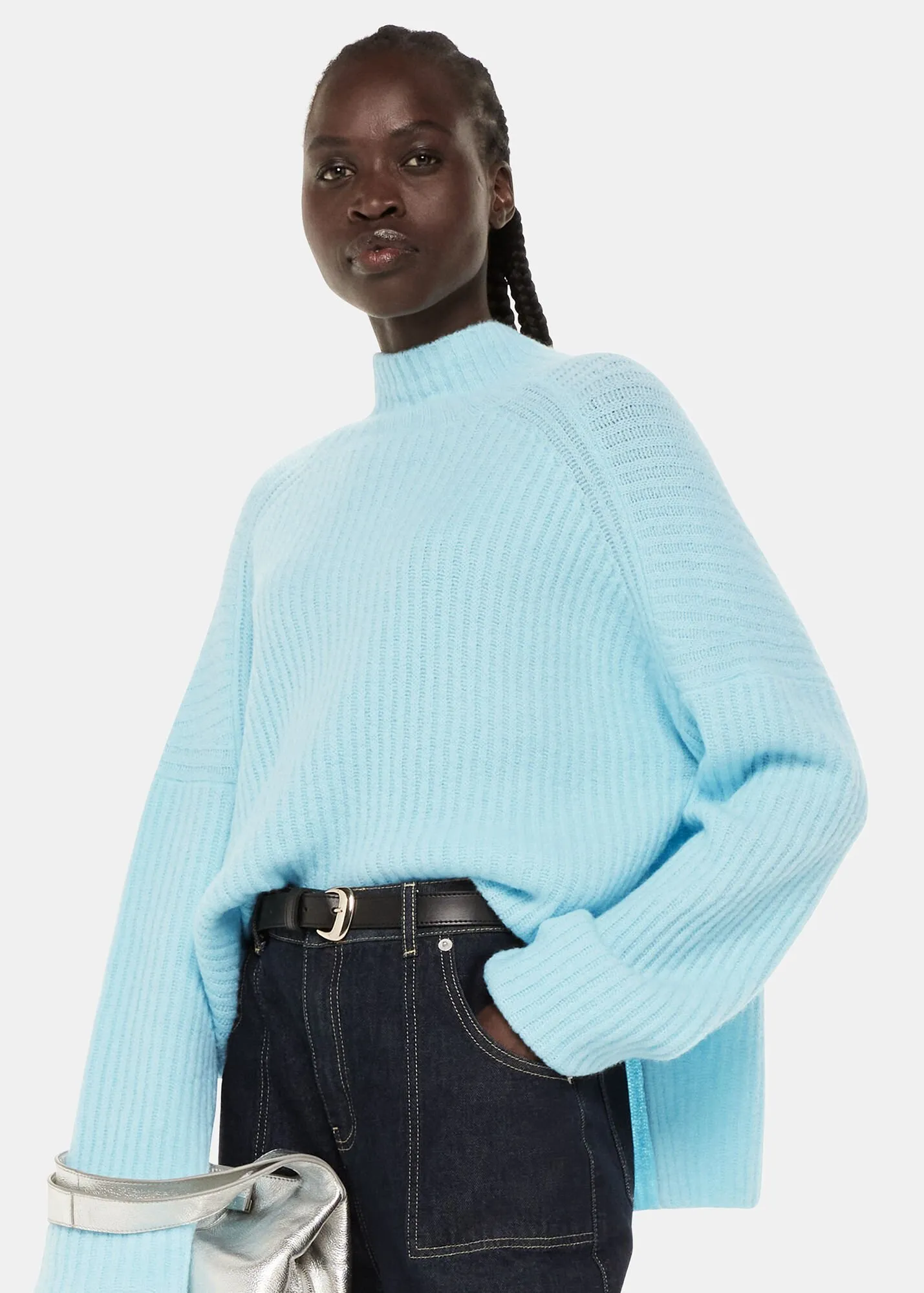 Pale Blue Wool Mix Rib Funnel Neck