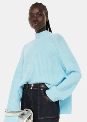 Pale Blue Wool Mix Rib Funnel Neck