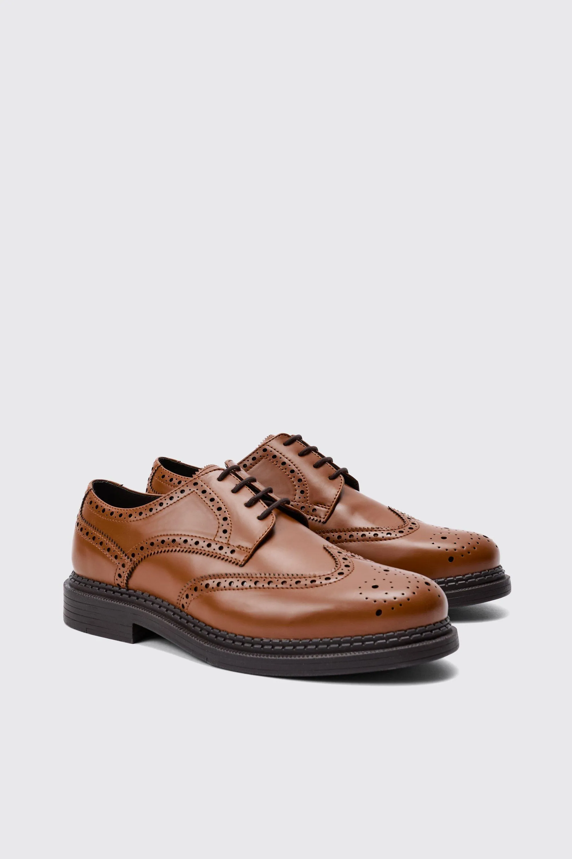 Patent Pu Lace Up Brogues In Tan