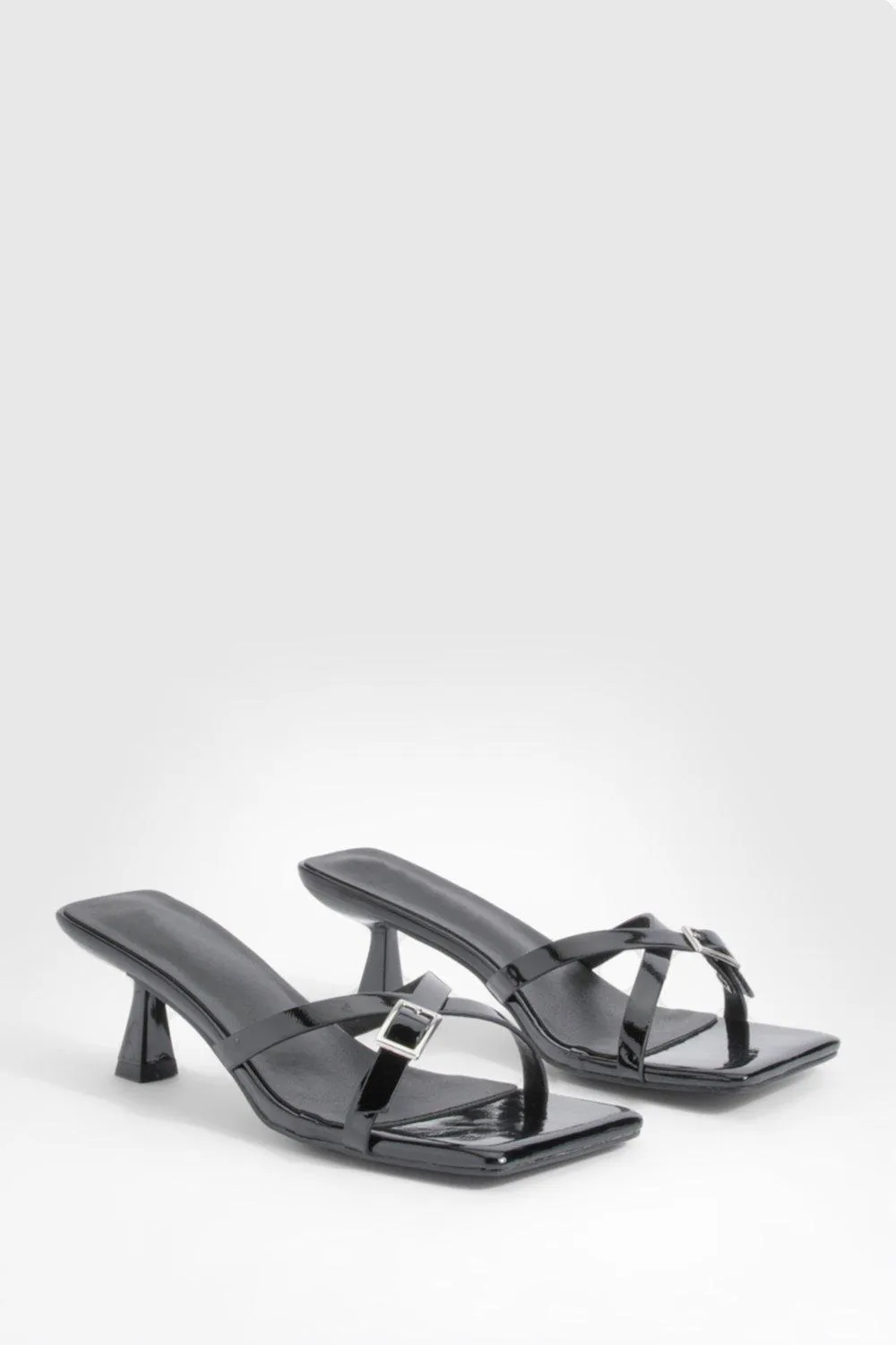 Patent Square Toe Buckle Detail Low Heeled Mules