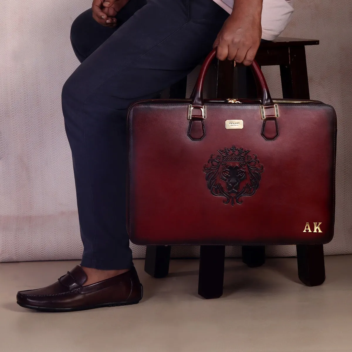 Personalized Name Initial Wine Leather Embossed Lion Laptop Office Briefcase With Extra Compartment by Brune & Bareskin