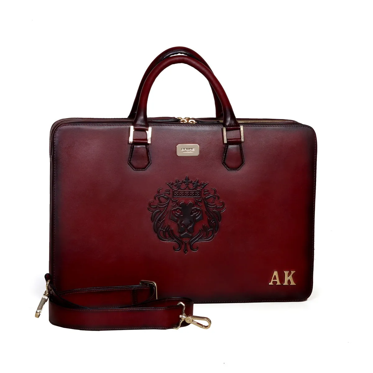 Personalized Name Initial Wine Leather Embossed Lion Laptop Office Briefcase With Extra Compartment by Brune & Bareskin