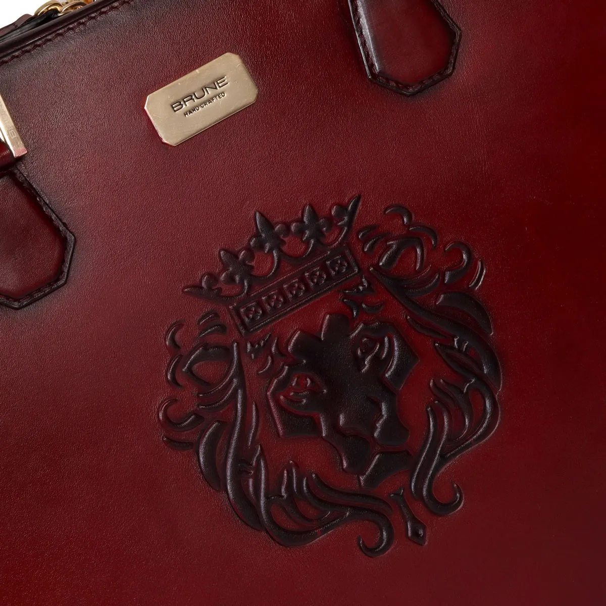 Personalized Name Initial Wine Leather Embossed Lion Laptop Office Briefcase With Extra Compartment by Brune & Bareskin