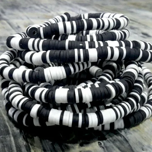 Polymer Clay Beads, Katsuki, Heishi Beads, Round, Black, White, Mix, 6mm