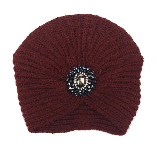 Retro Crystal Womens  Knitting Warm Crochet Hats  Hats For Women Female Headdress Caps Beanies Bonnet GS