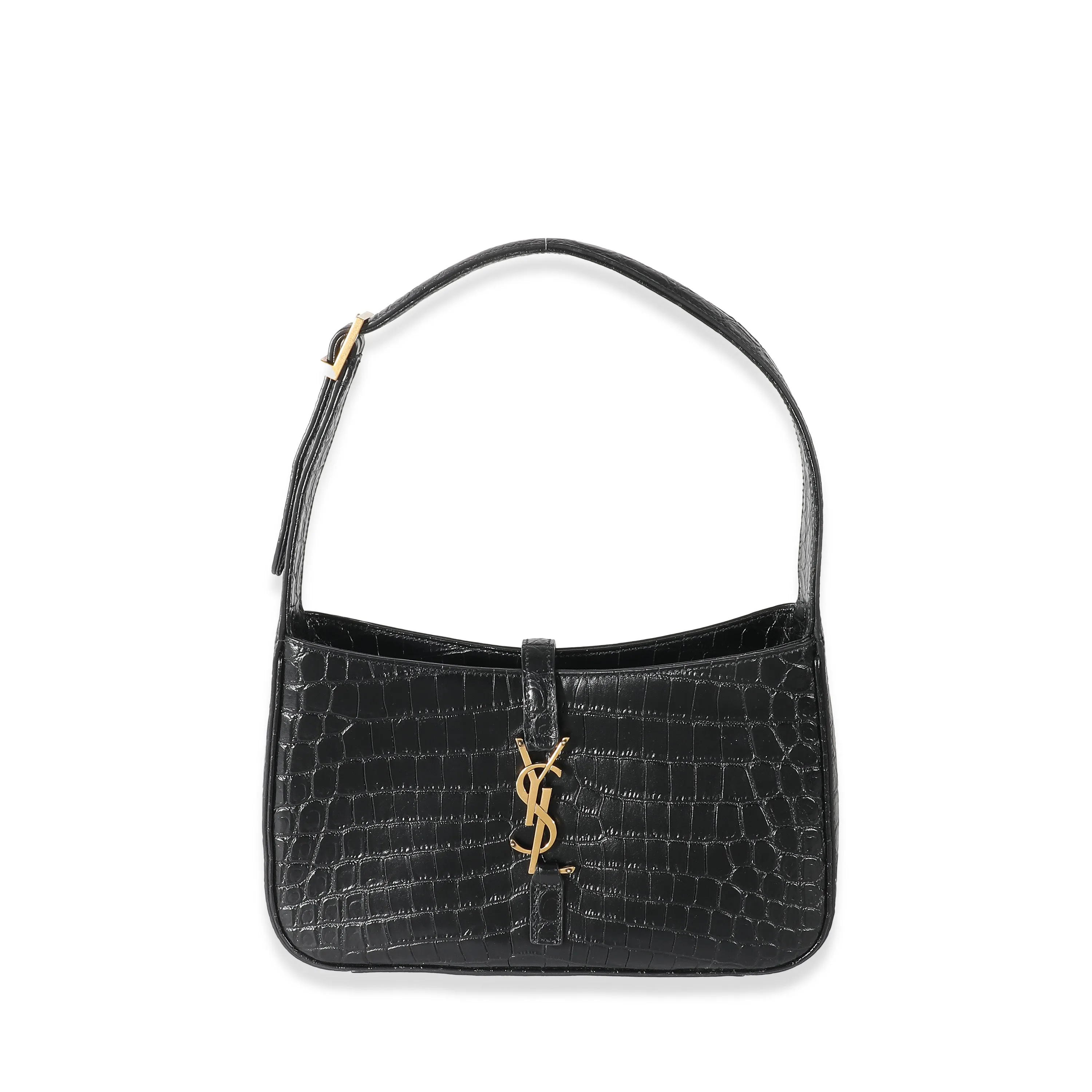 Saint Laurent Black Crocodile Embossed Le 5 à 7 Hobo