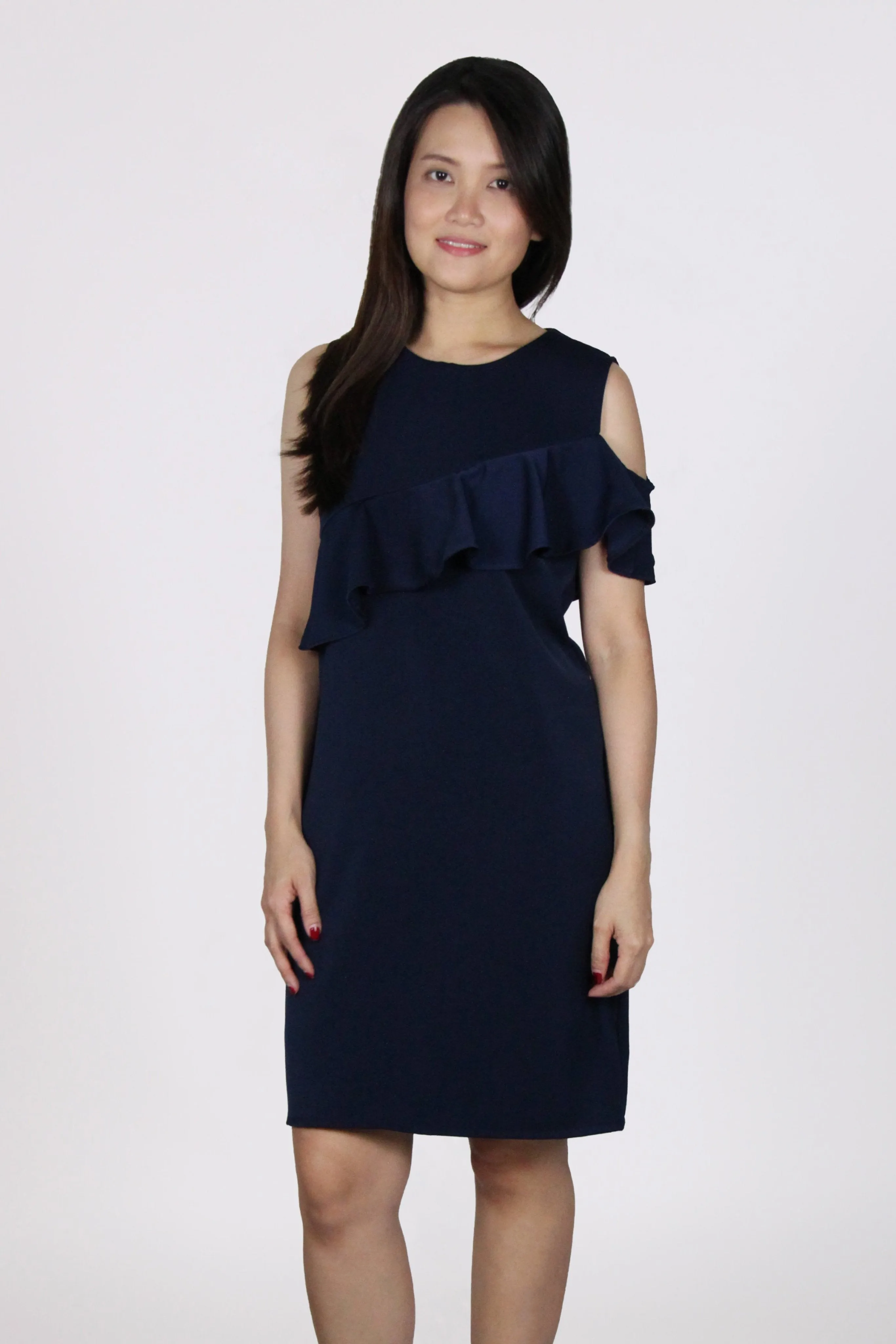 Single Cold Shoulder Ruffles Shift Dress in Navy Blue