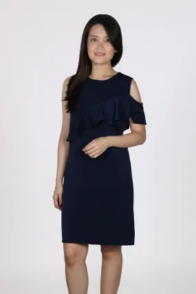 Single Cold Shoulder Ruffles Shift Dress in Navy Blue