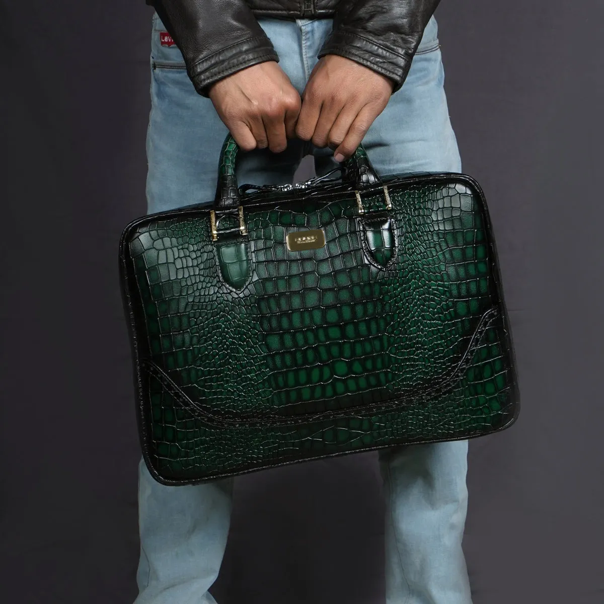 Smokey Finish Laptop Briefcase in Green Brogue Detailing Croco Textured Leather