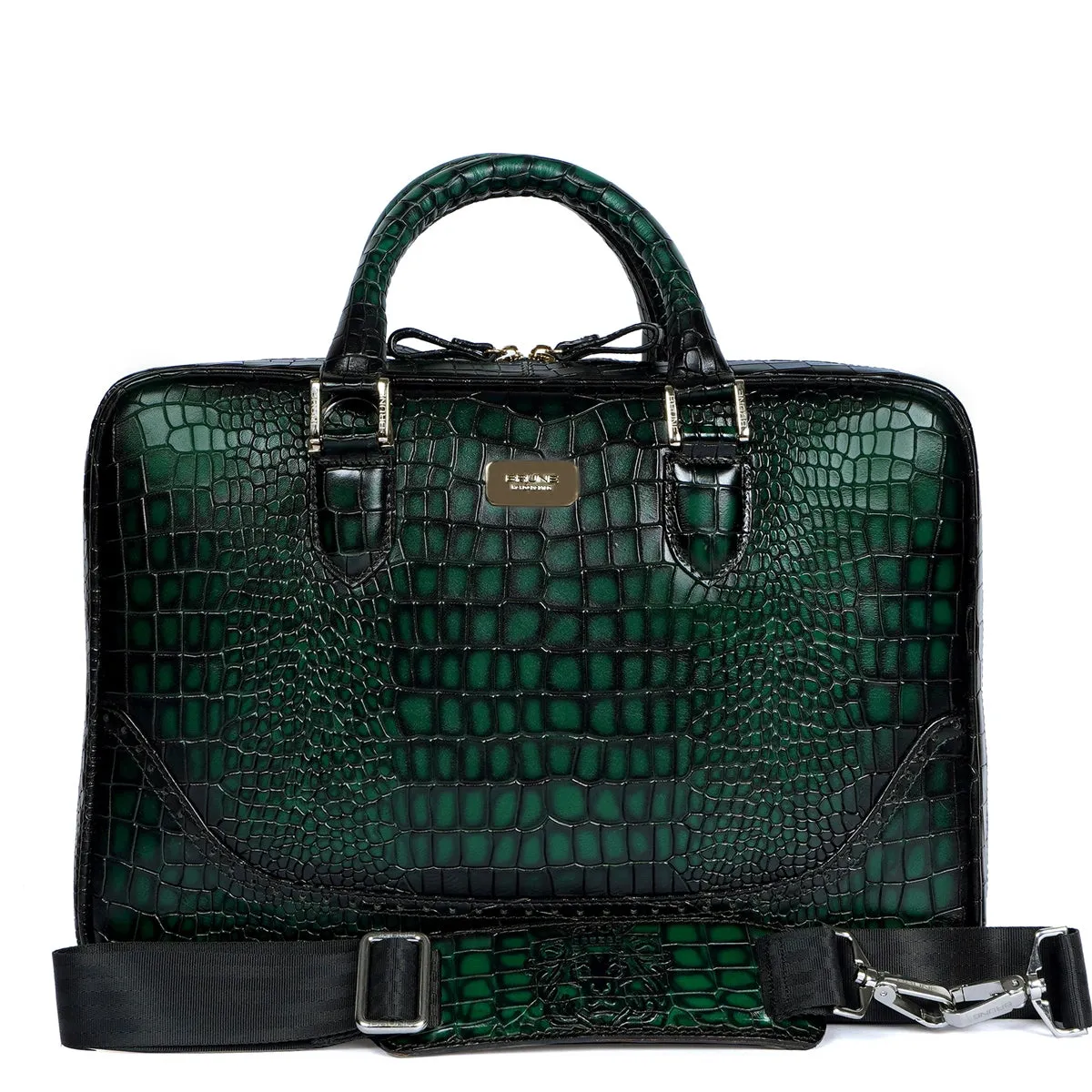 Smokey Finish Laptop Briefcase in Green Brogue Detailing Croco Textured Leather