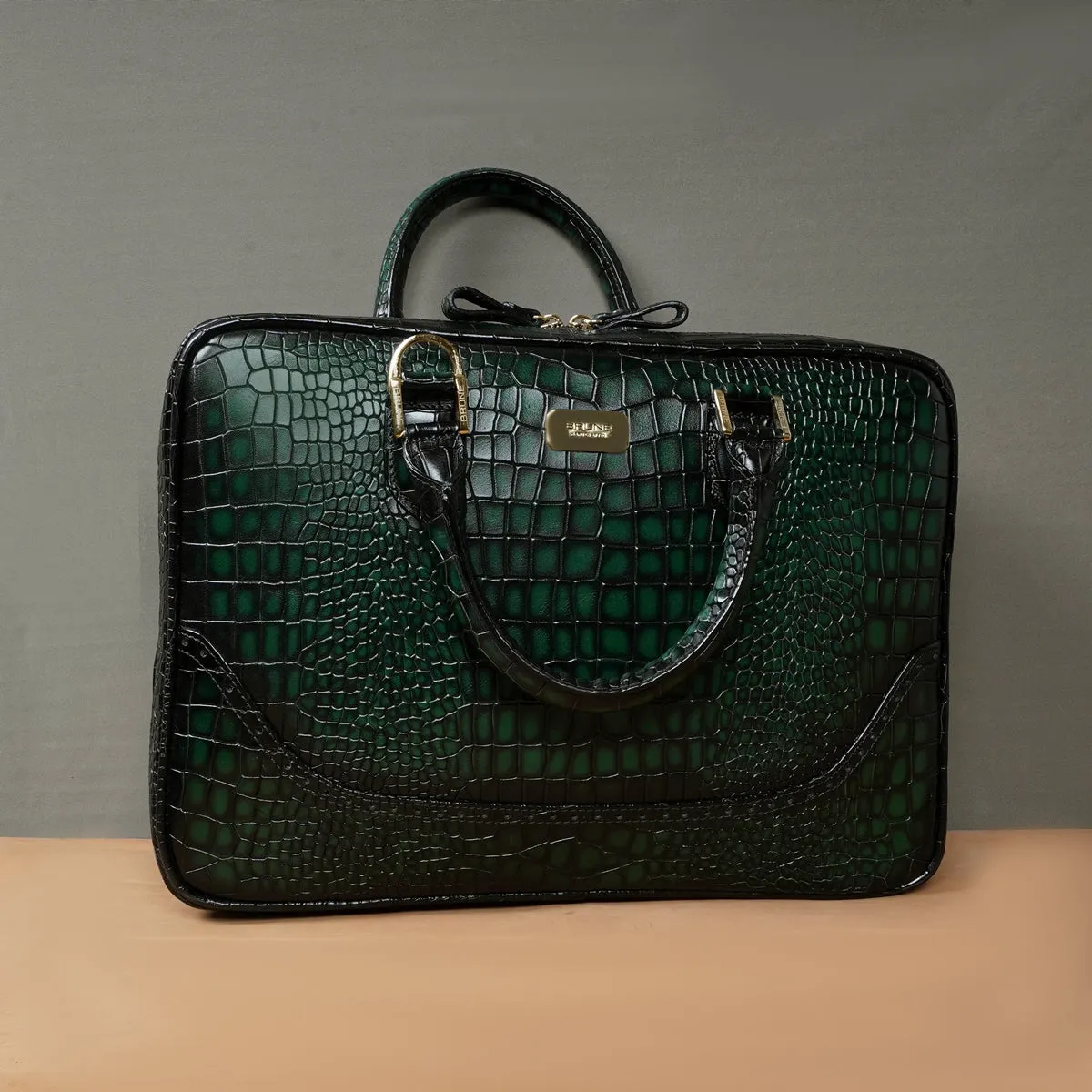 Smokey Finish Laptop Briefcase in Green Brogue Detailing Croco Textured Leather