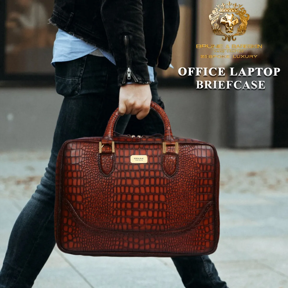 Smokey Tan Laptop Briefcase in Croco Textured Leather with Brogue Detailing