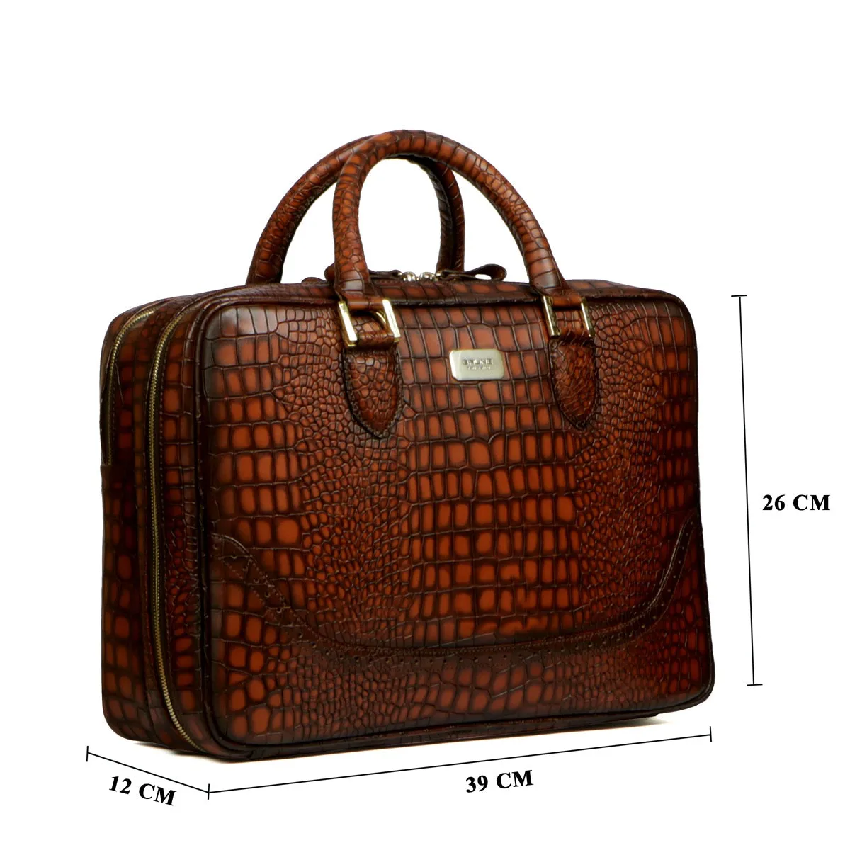 Smokey Tan Laptop Briefcase in Croco Textured Leather with Brogue Detailing