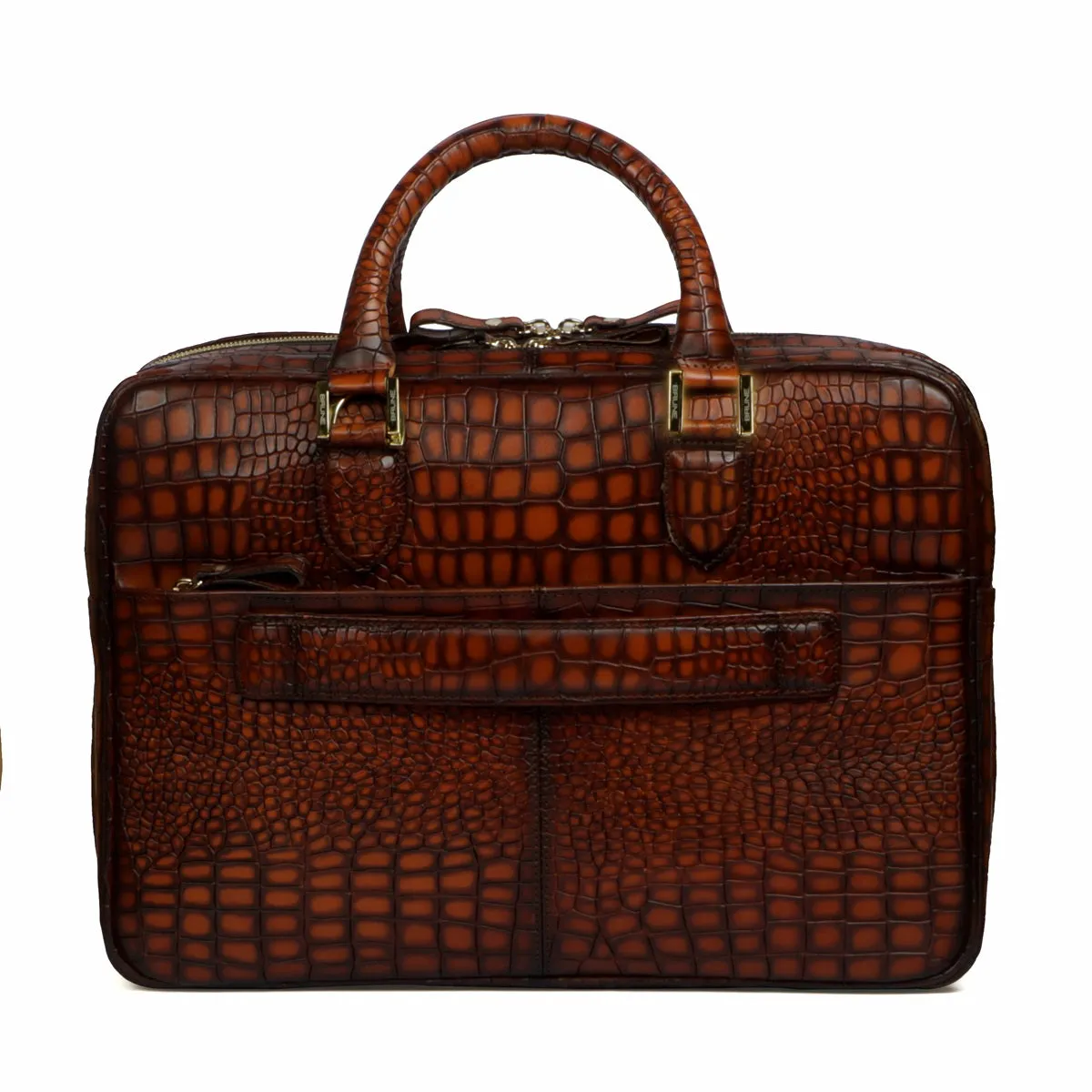 Smokey Tan Laptop Briefcase in Croco Textured Leather with Brogue Detailing