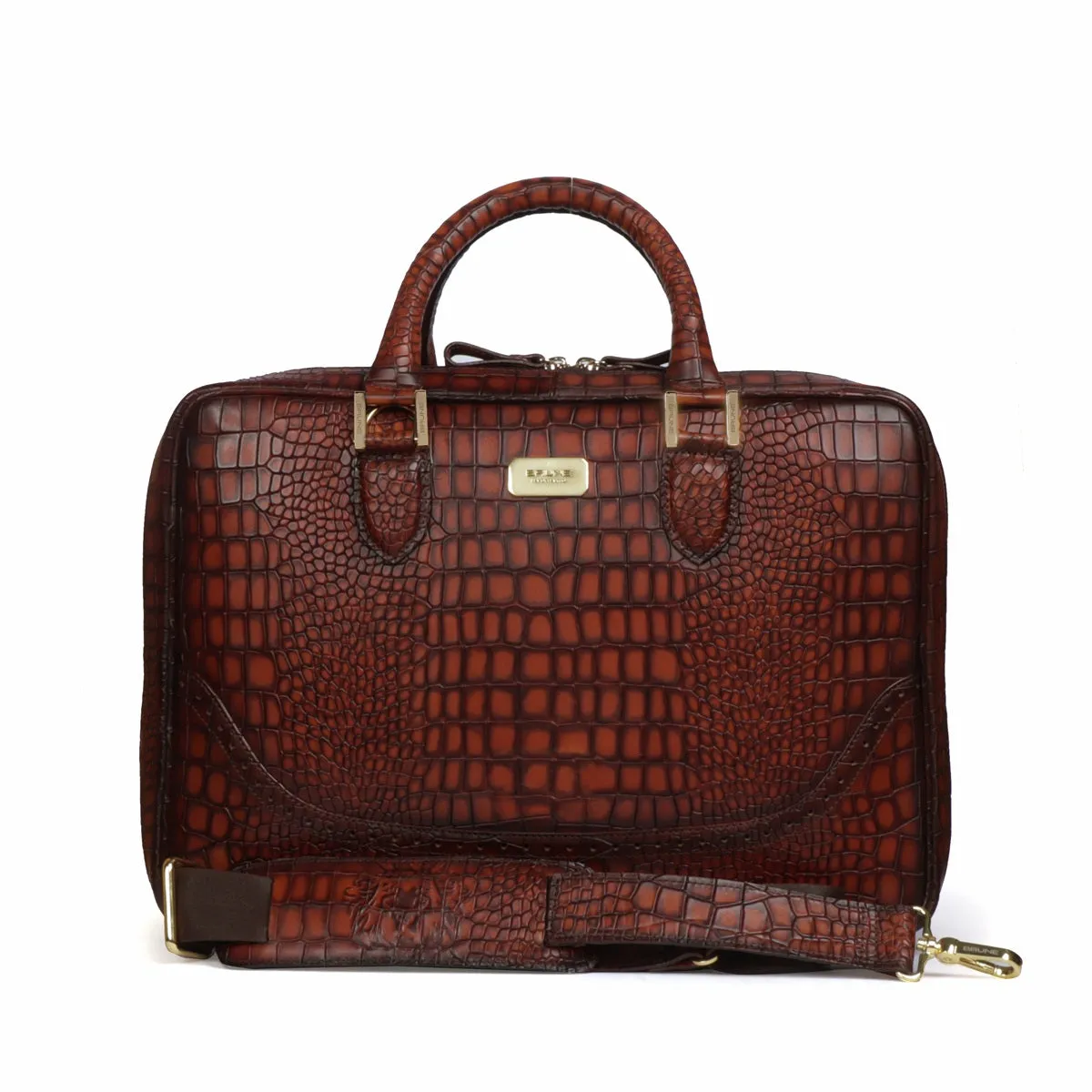 Smokey Tan Laptop Briefcase in Croco Textured Leather with Brogue Detailing