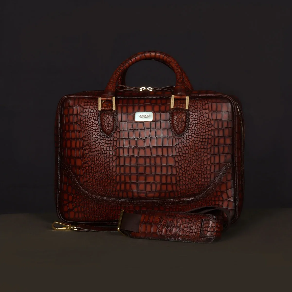 Smokey Tan Laptop Briefcase in Croco Textured Leather with Brogue Detailing