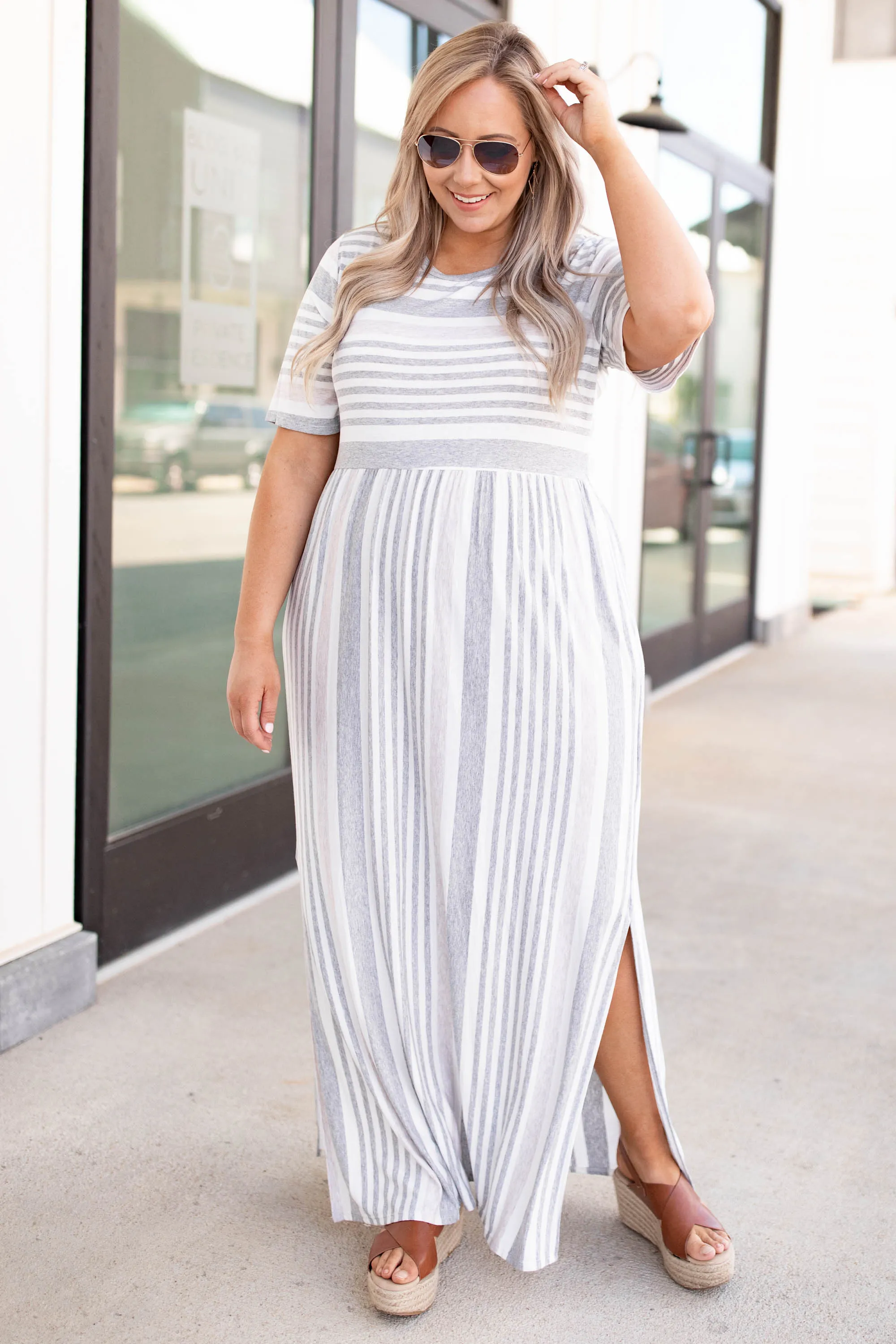 Stripe On Cue Maxi Dress, Heather Gray