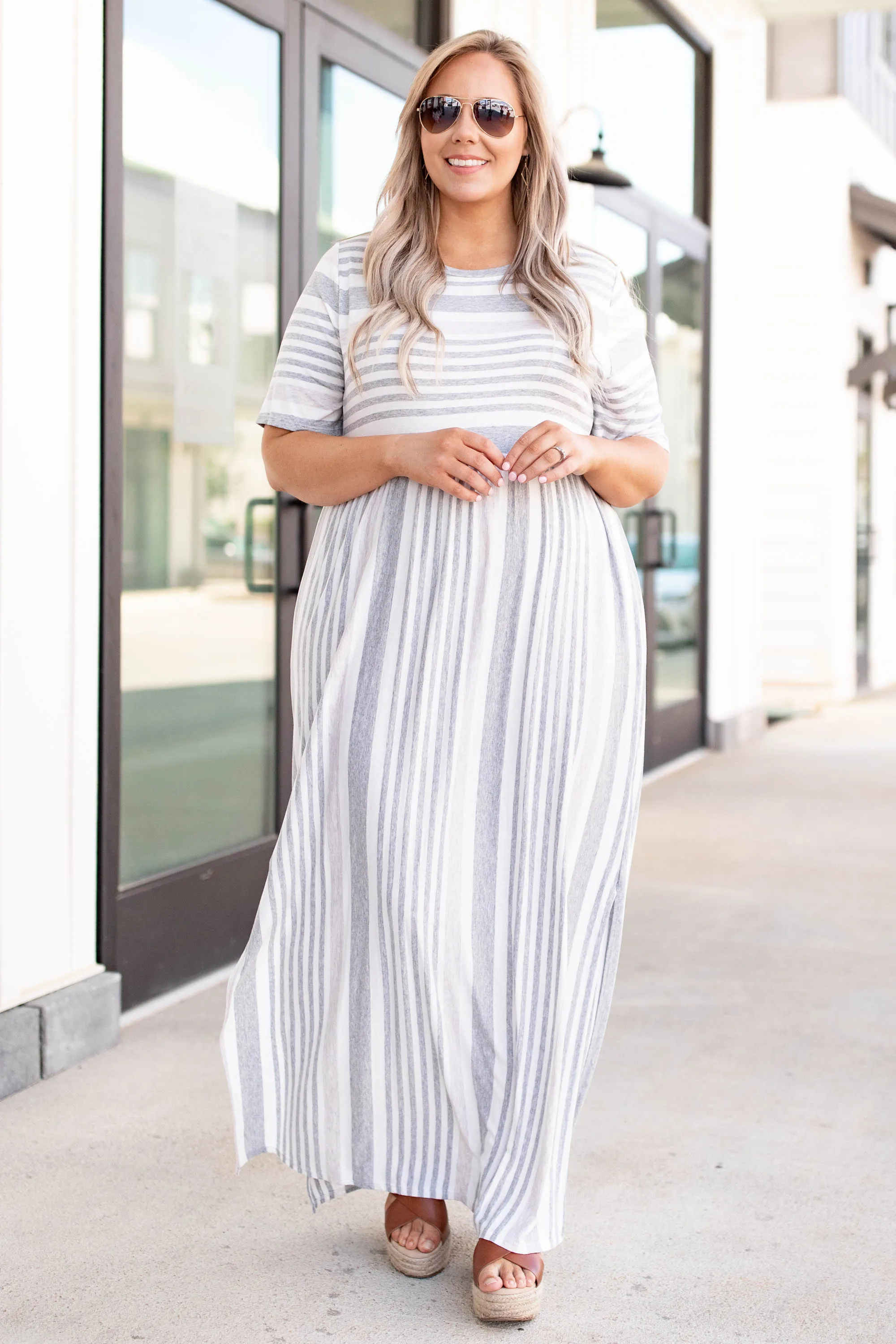 Stripe On Cue Maxi Dress, Heather Gray