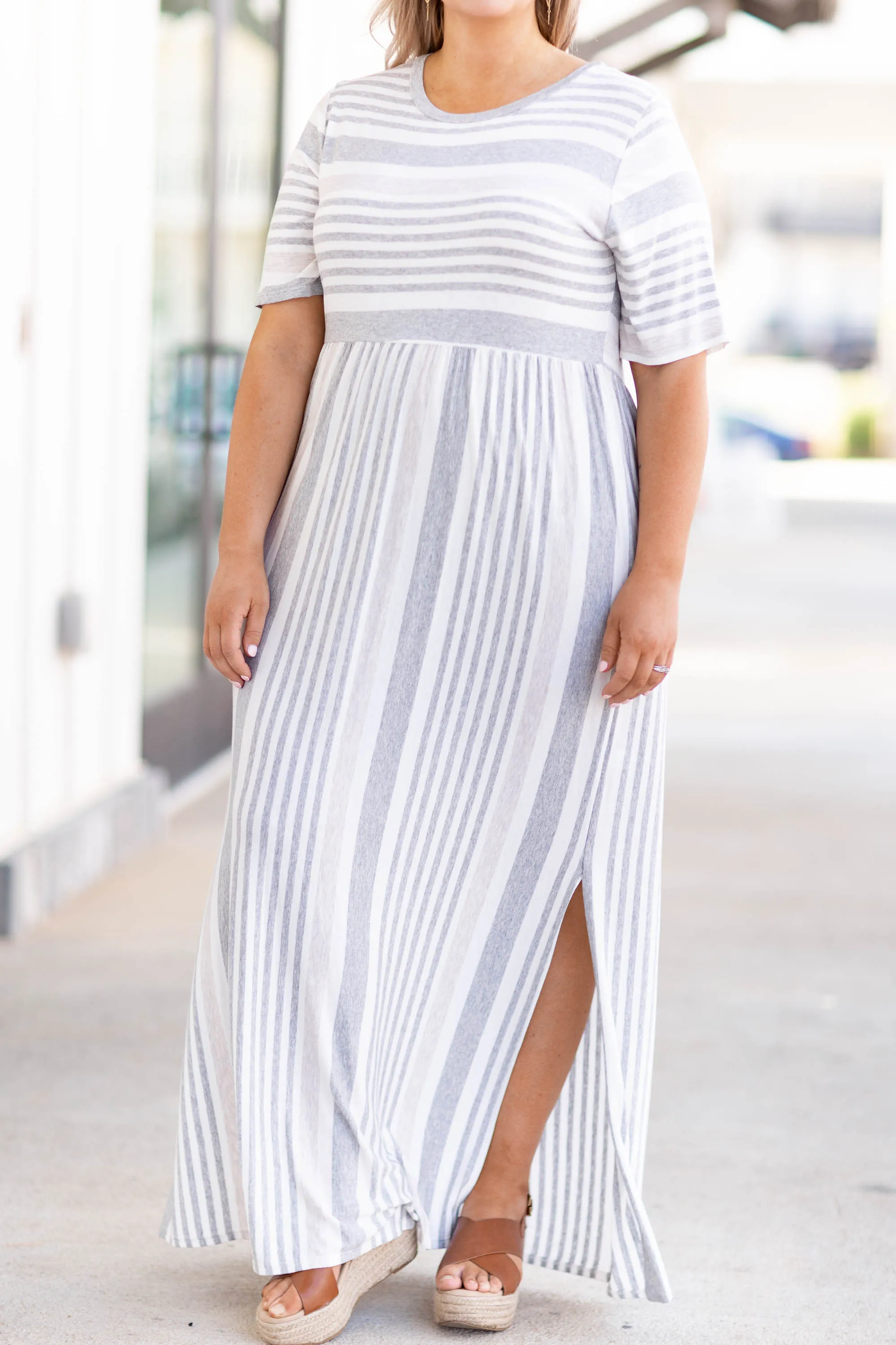 Stripe On Cue Maxi Dress, Heather Gray