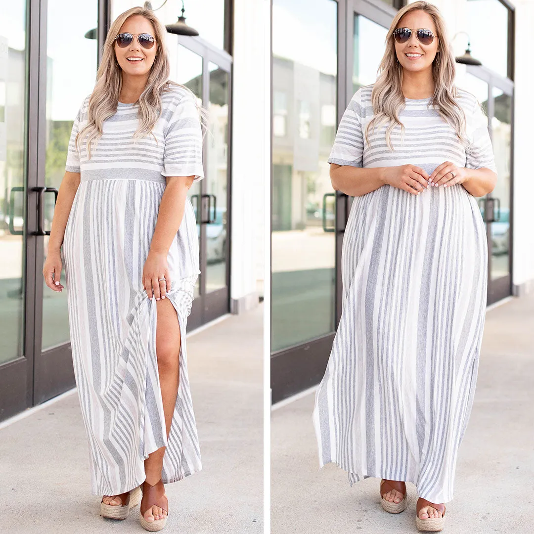 Stripe On Cue Maxi Dress, Heather Gray