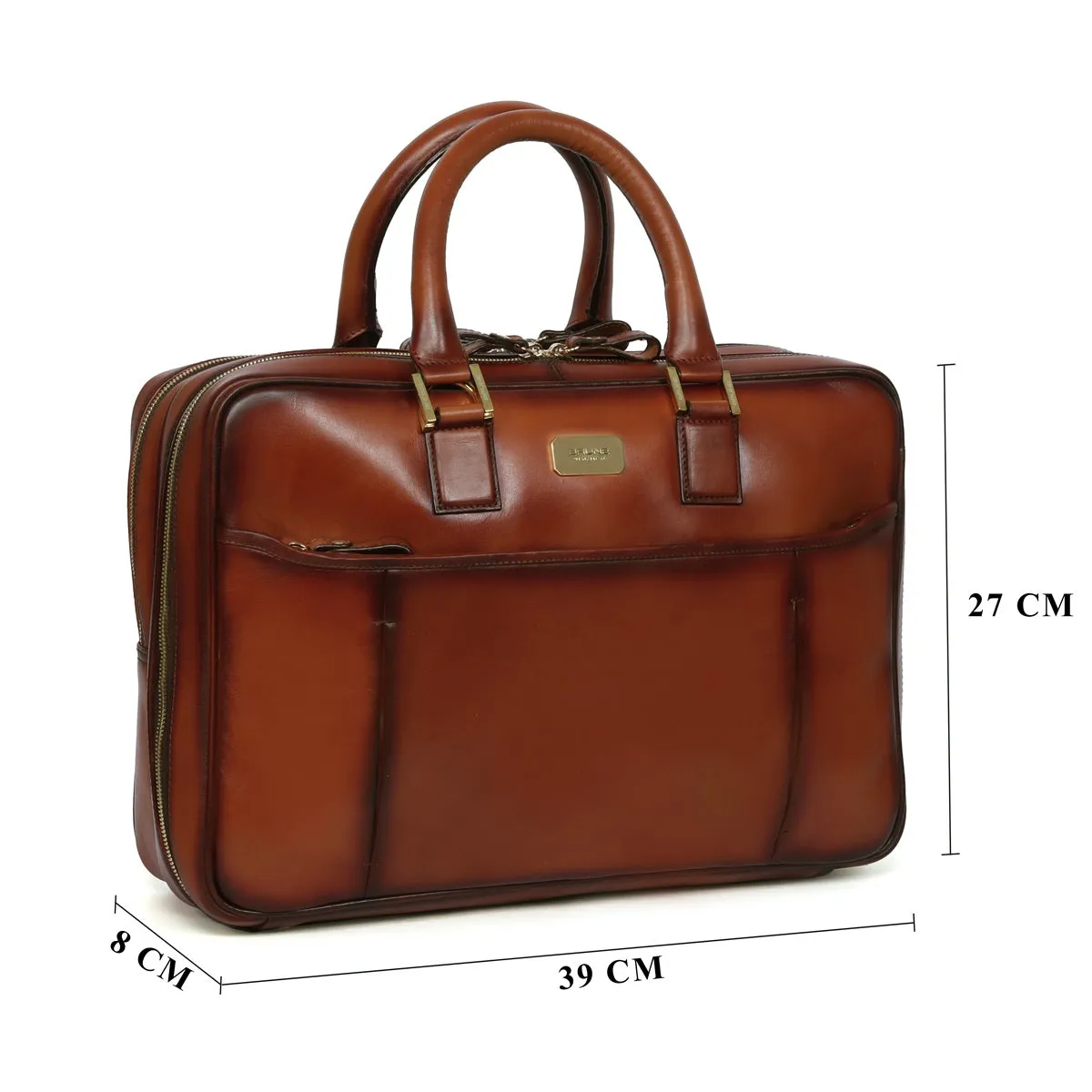 Tan Leather Laptop Briefcase Bag with Double Zipper Compartment