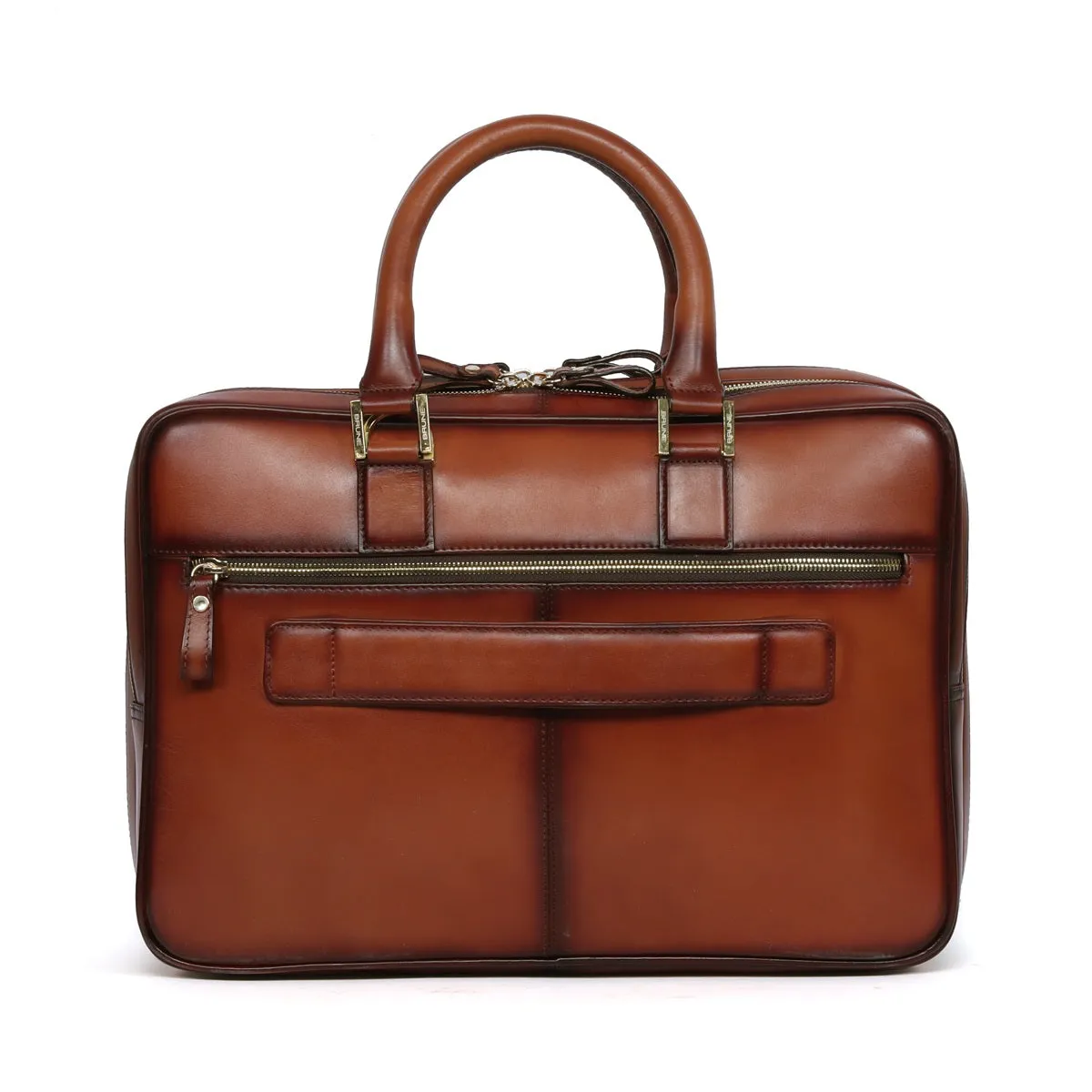 Tan Leather Laptop Briefcase Bag with Double Zipper Compartment