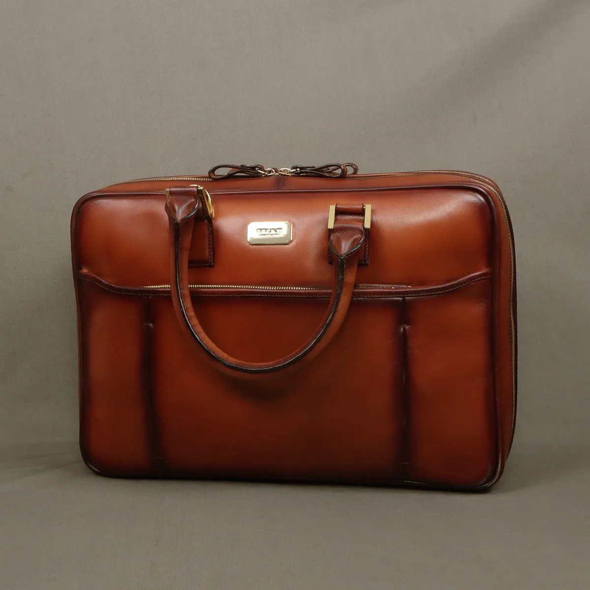 Tan Leather Laptop Briefcase Bag with Double Zipper Compartment