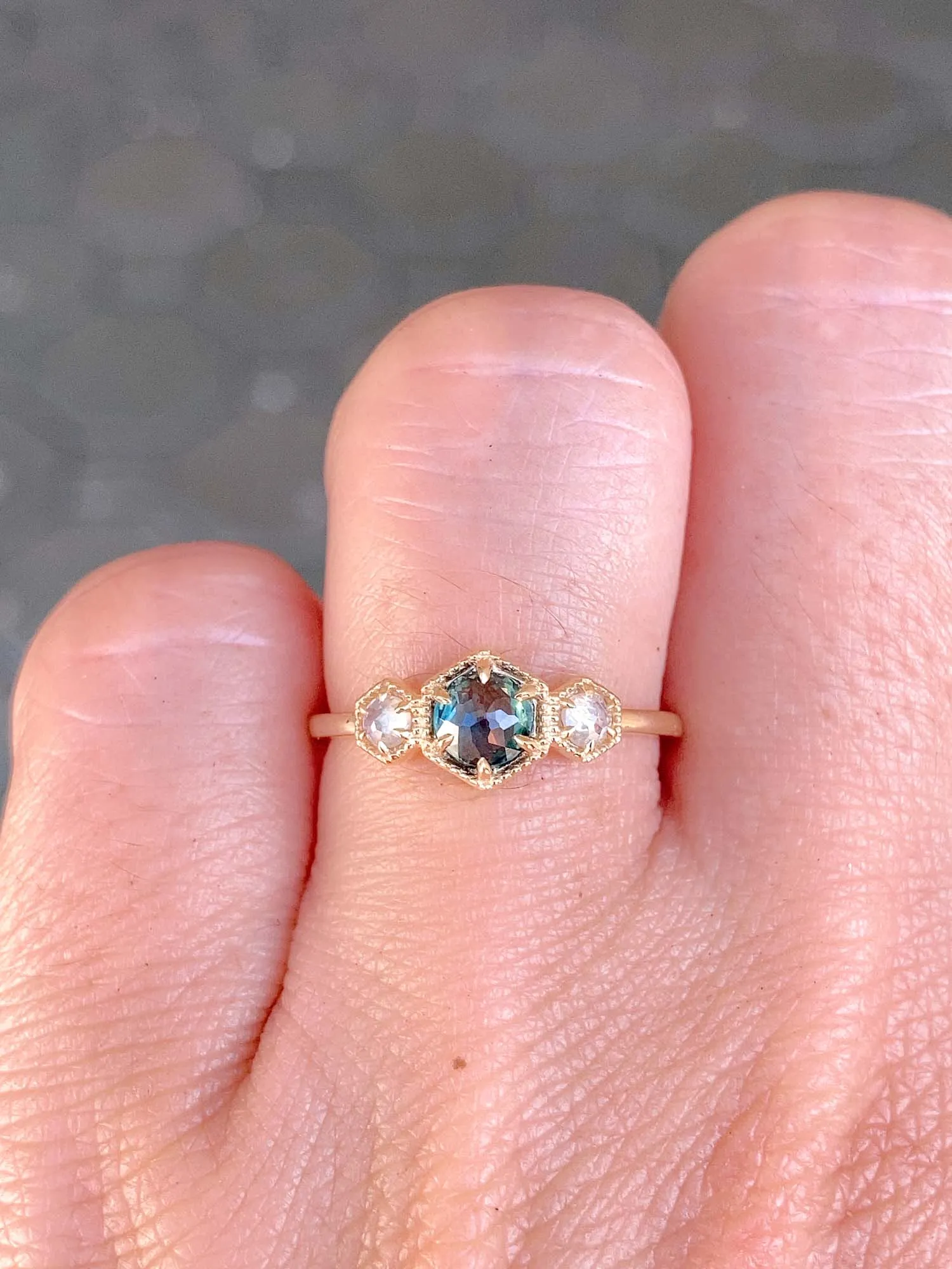 Teal Green Montana Sapphire with Diamond 14K Gold Engagement Ring R6510