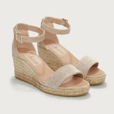 The White Company Beaded Suede Wedge Espadrilles, Taupe, Size: 36