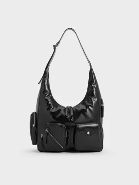 Thora Crinkle-Effect Multi-Pocket Hobo Bag - Noir