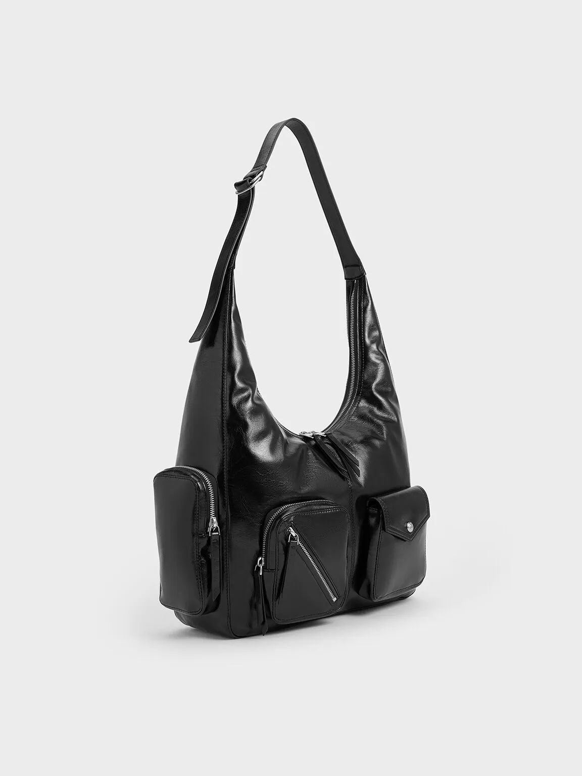 Thora Crinkle-Effect Multi-Pocket Hobo Bag - Noir