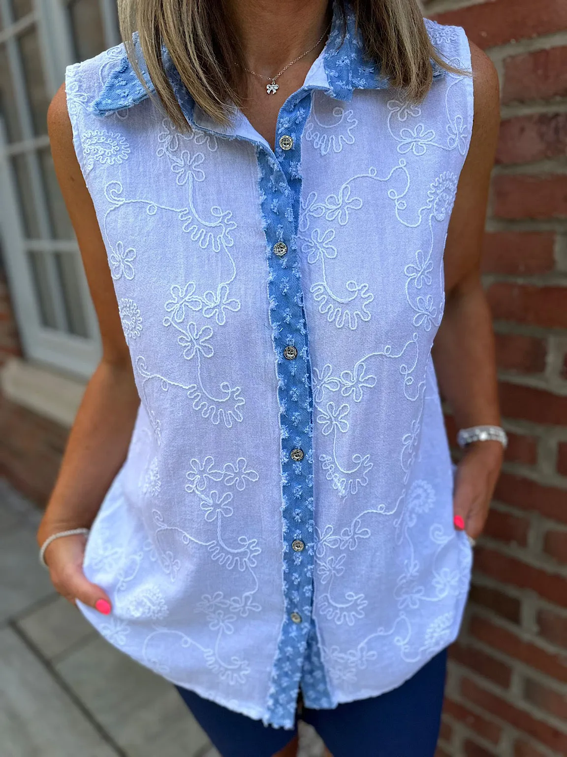 White Distressed Denim Floral Sleeveless Blouse Tia