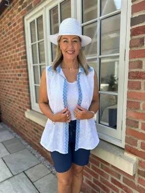 White Distressed Denim Floral Sleeveless Blouse Tia