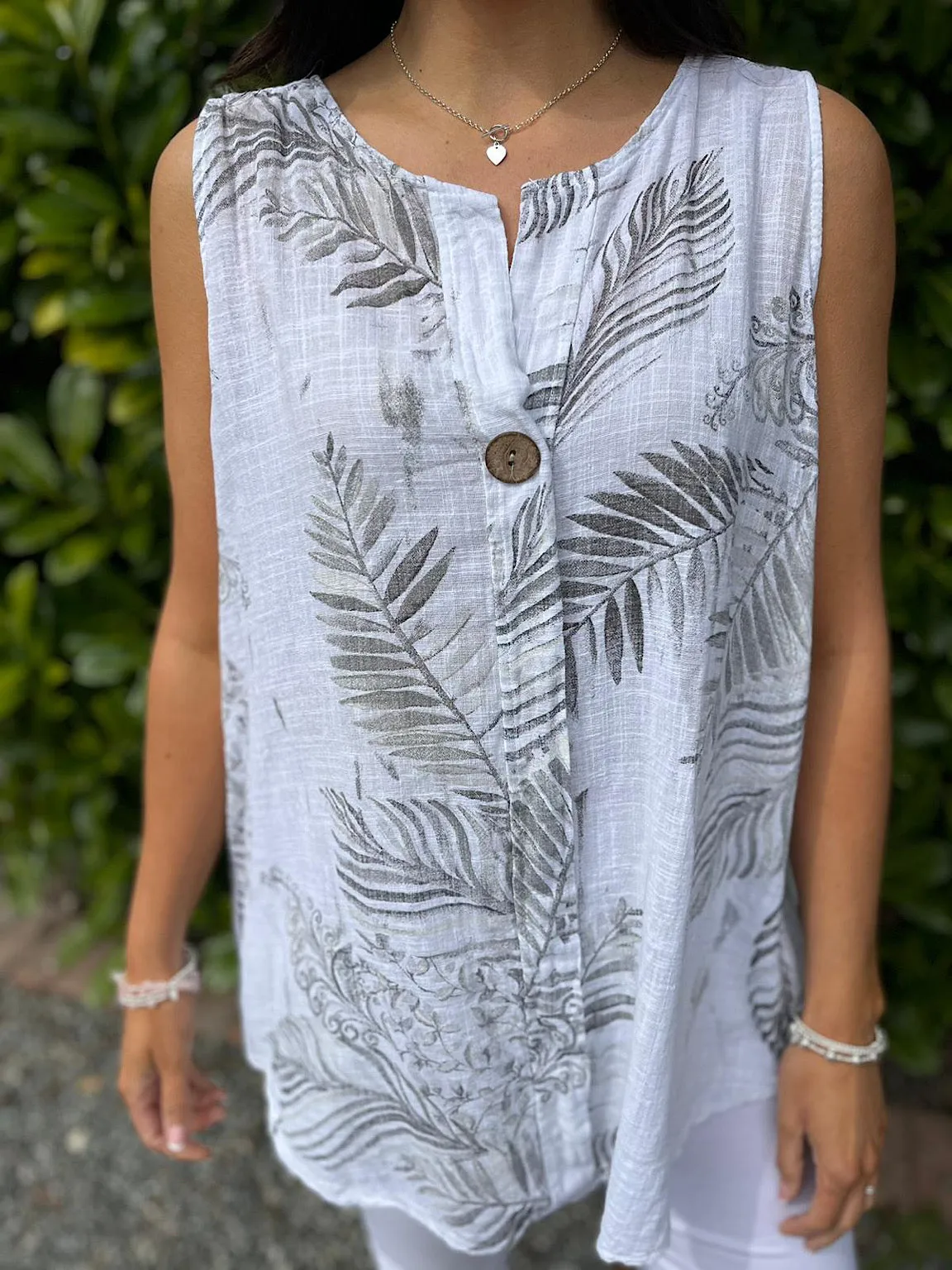 White Leaf Print Vest Top Lacey