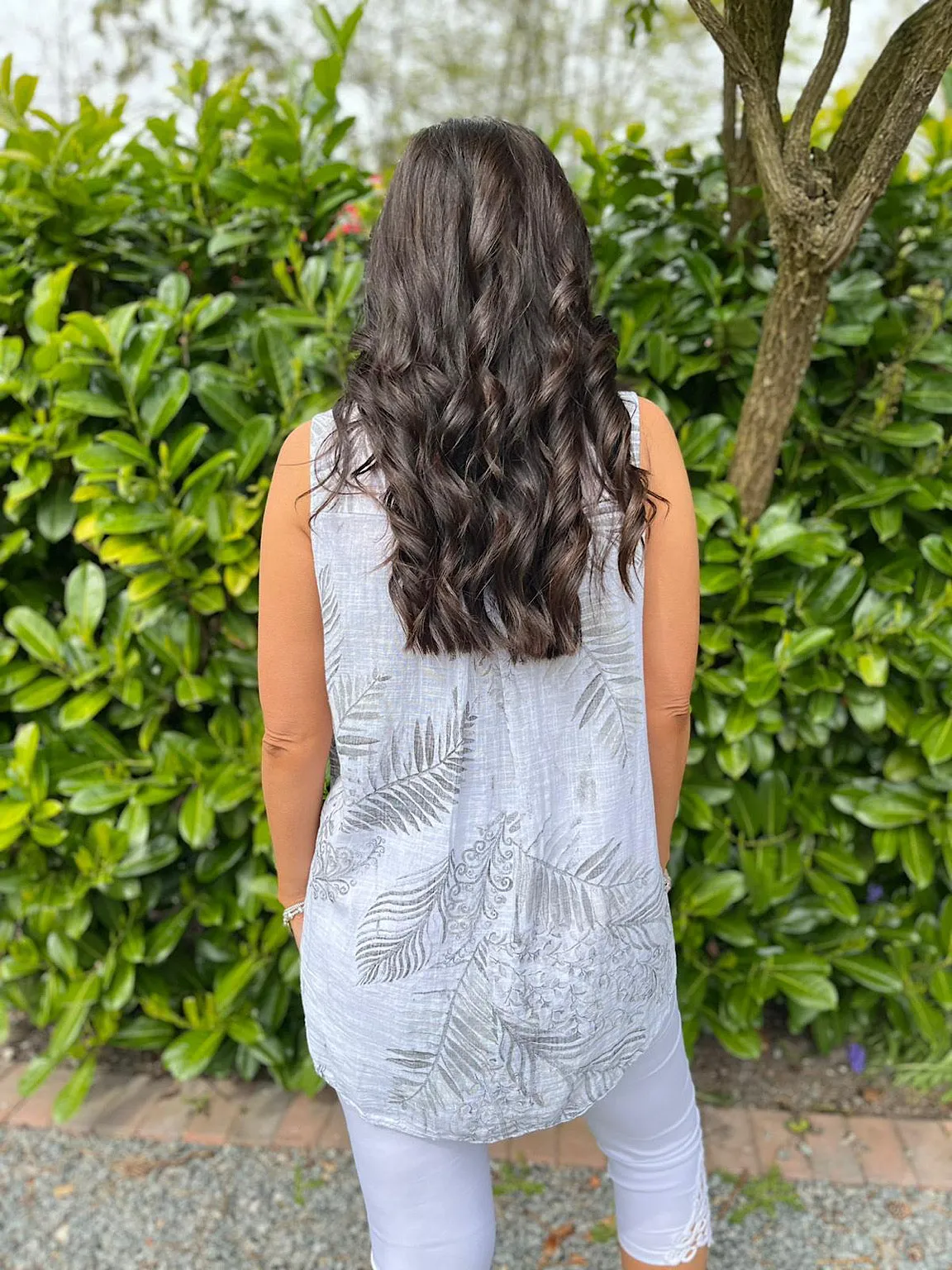 White Leaf Print Vest Top Lacey